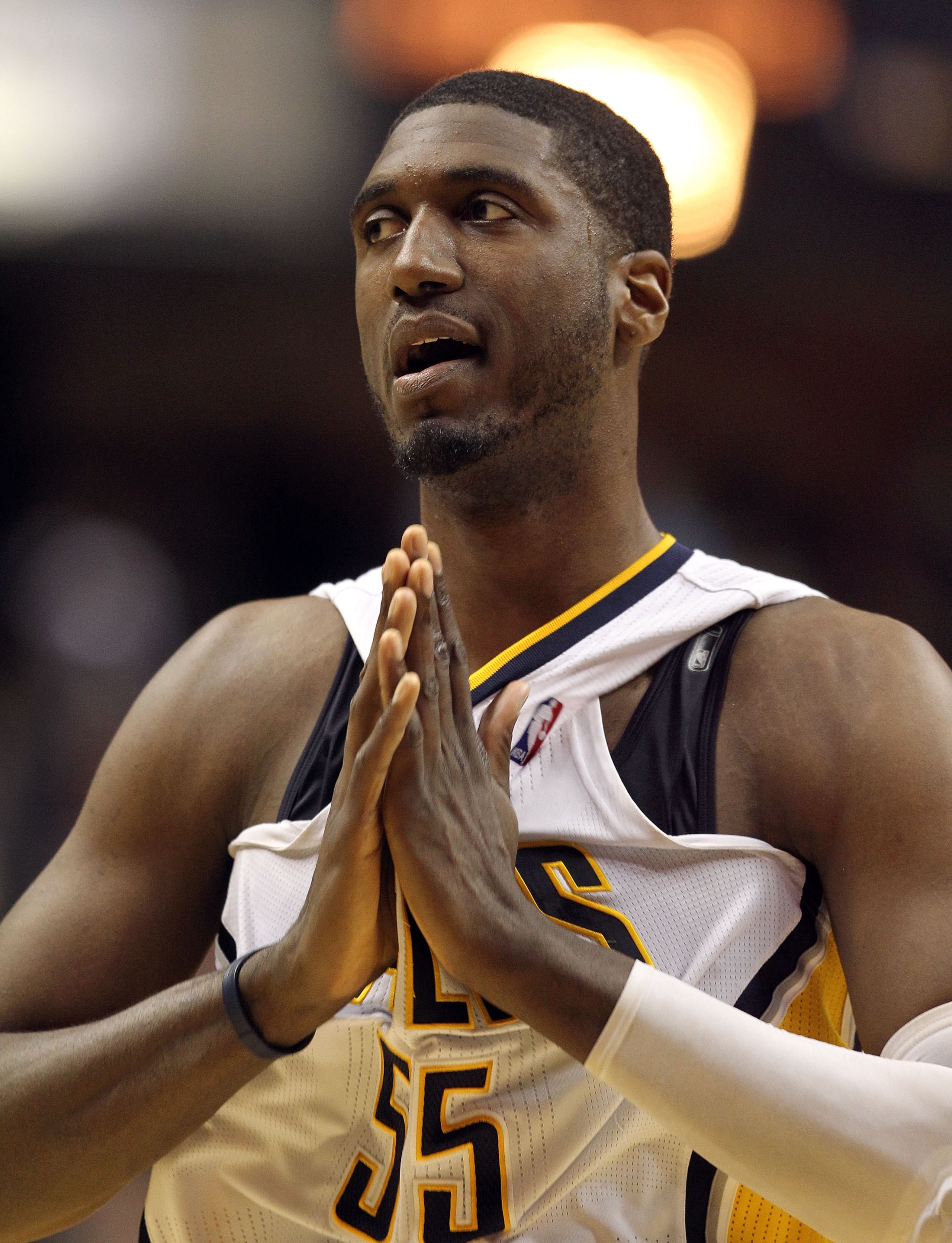 INDIANAPOLIS, IN - APRIL 21: Roy Hibbert #55 of the Indiana Pacers walks off of the court following the 88-84 loss to the Chicago Bulls in Game three of the Eastern Conference Quarterfinals in the 2011 NBA Playoffs on April 21, 2011 at Conseco Fieldhous INDIANAPOLIS, IN - APRIL 21: Roy Hibbert #55 of the Indiana Pacers walks off of the court following the 88-84 loss to the Chicago Bulls in Game three of the Eastern Conference Quarterfinals in the 2011 NBA Playoffs on April 21, 2011 at Conseco Fieldhous