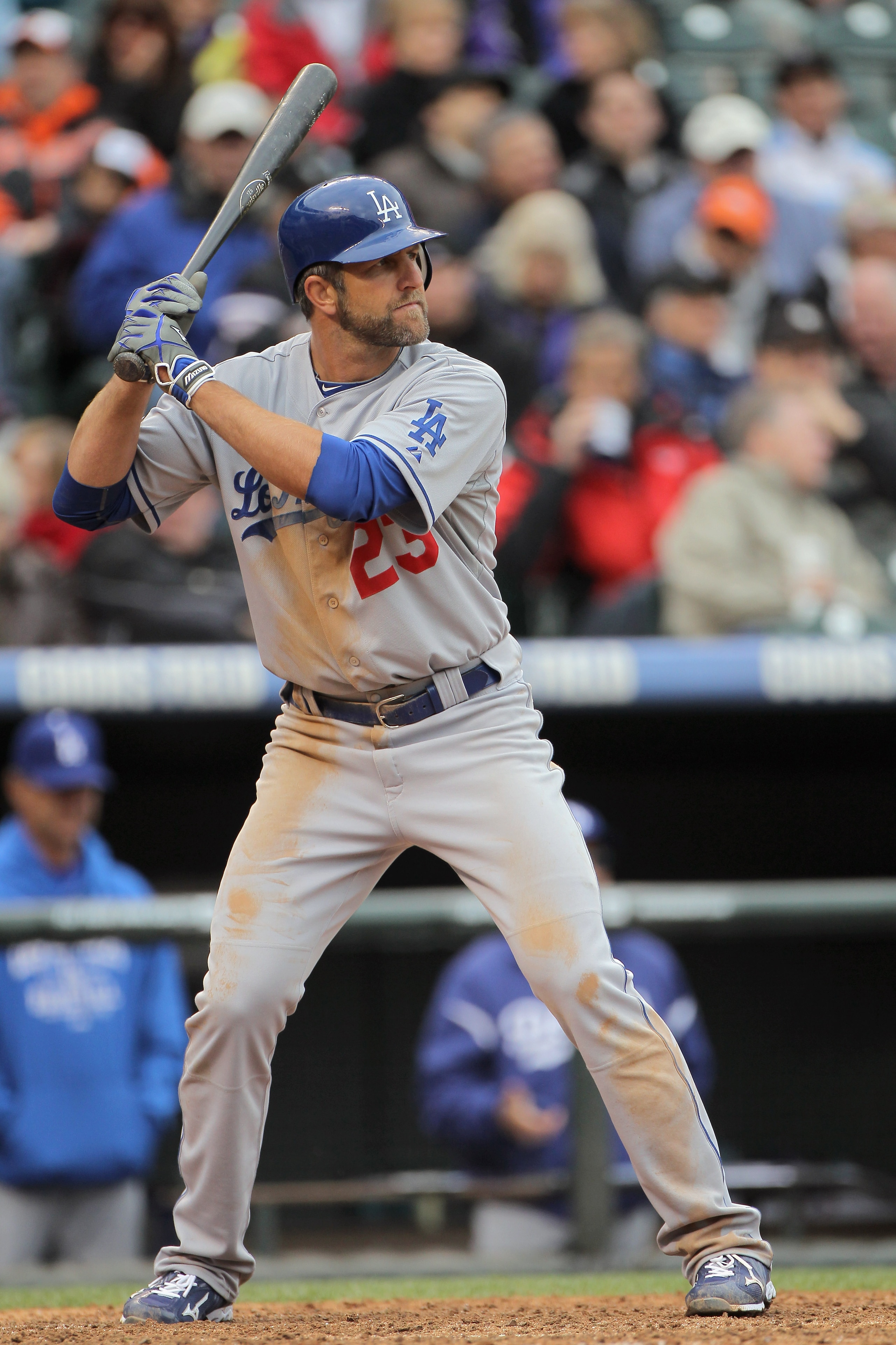 DENVER, CO - APRIL 06:  Casey Blake #23 of the Los Angeles Dodgers takes an at bat against the Colorado Rockies at Coors Field on April 6, 2011 in Denver, Colorado.  (Photo by Doug Pensinger/Getty Images)