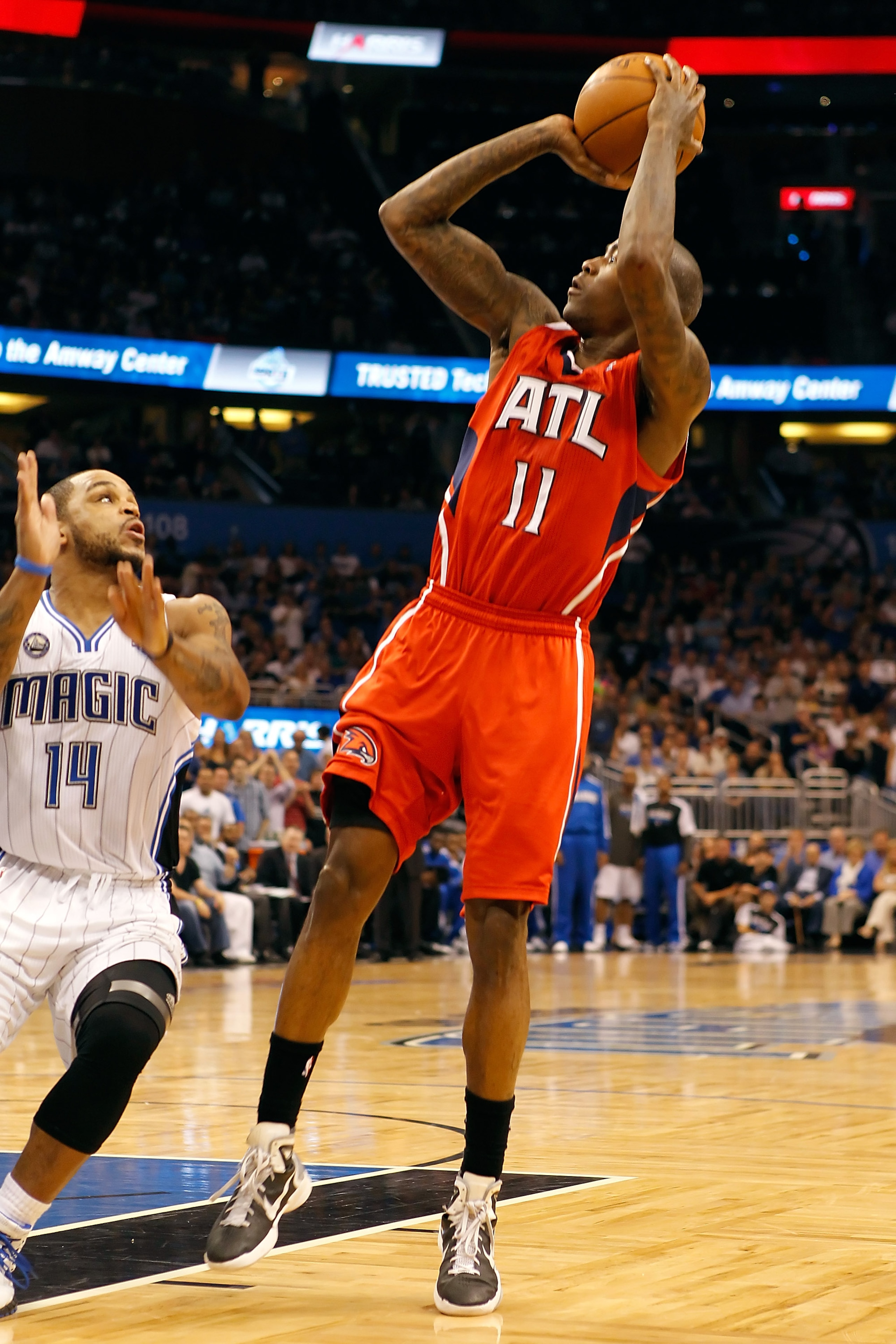 ORLANDO, FL - APRIL 19:  Jamal Crawford #11 of the Atlanta Hawks shoots against the Orlando Magic during Game Two of the Eastern Conference Quarterfinals of the 2011 NBA Playoffs on April 19, 2011 at the Amway Arena in Orlando, Florida.  NOTE TO USER: Use