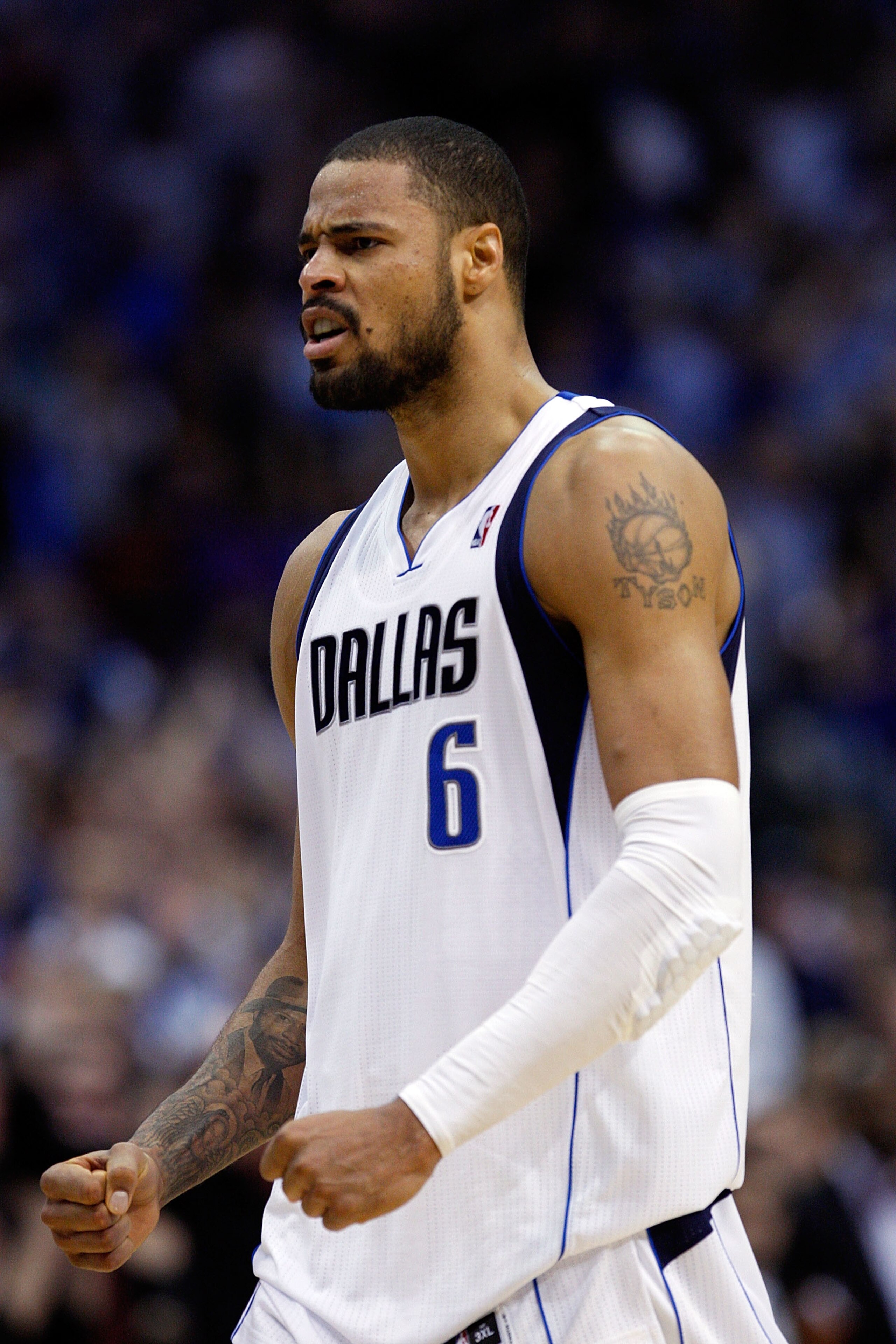 DALLAS, TX - APRIL 16:  Tyson Chandler #6 of the Dallas Mavericks reacts against the Portland Trail Blazers in Game One of the Western Conference Quarterfinals during the 2011 NBA Playoffs on April 16, 2011 at American Airlines Center in Dallas, Texas.  N