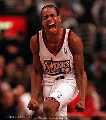 PHILADELPHIA - MAY 15:   Allen Iverson #3 of the Philadelphia 76ers celebrates on the court during the game against the Orlando Magic at the First Union Center on May 15, 1999 in Philadelphia, Pennsylvania. The 76ers defeated the Magic 101-91.  NOTE TO US