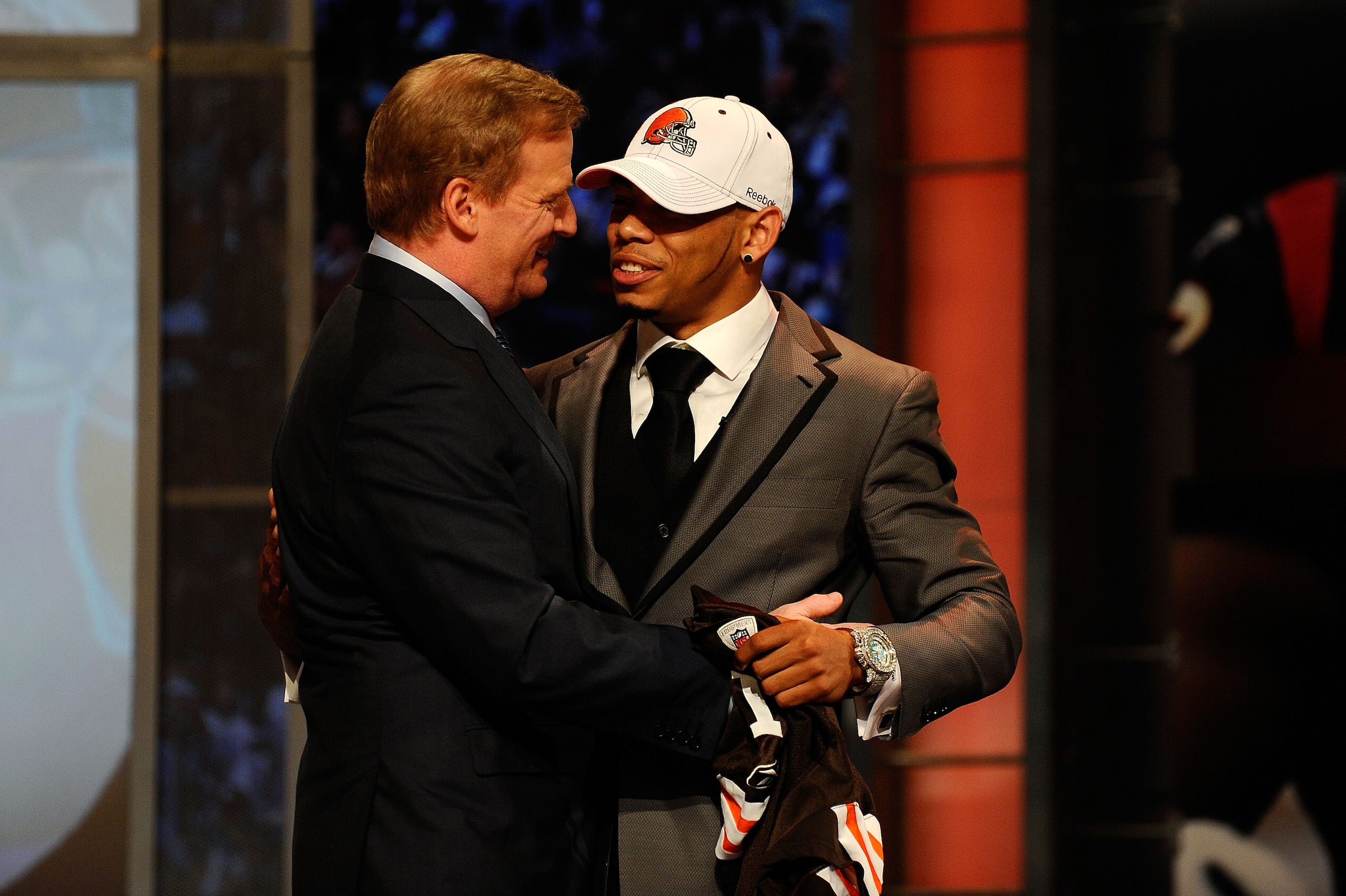 NEW YORK - APRIL 22: Joe Haden from the Florida Gators is greeted by NFL Commissioner Roger Goodell (L) after the Cleveland Browns selected Haden number 7 overall during the first round of the 2010 NFL Draft at Radio City Music Hall on April 22, 2010 in NEW YORK - APRIL 22: Joe Haden from the Florida Gators is greeted by NFL Commissioner Roger Goodell (L) after the Cleveland Browns selected Haden number 7 overall during the first round of the 2010 NFL Draft at Radio City Music Hall on April 22, 2010 in