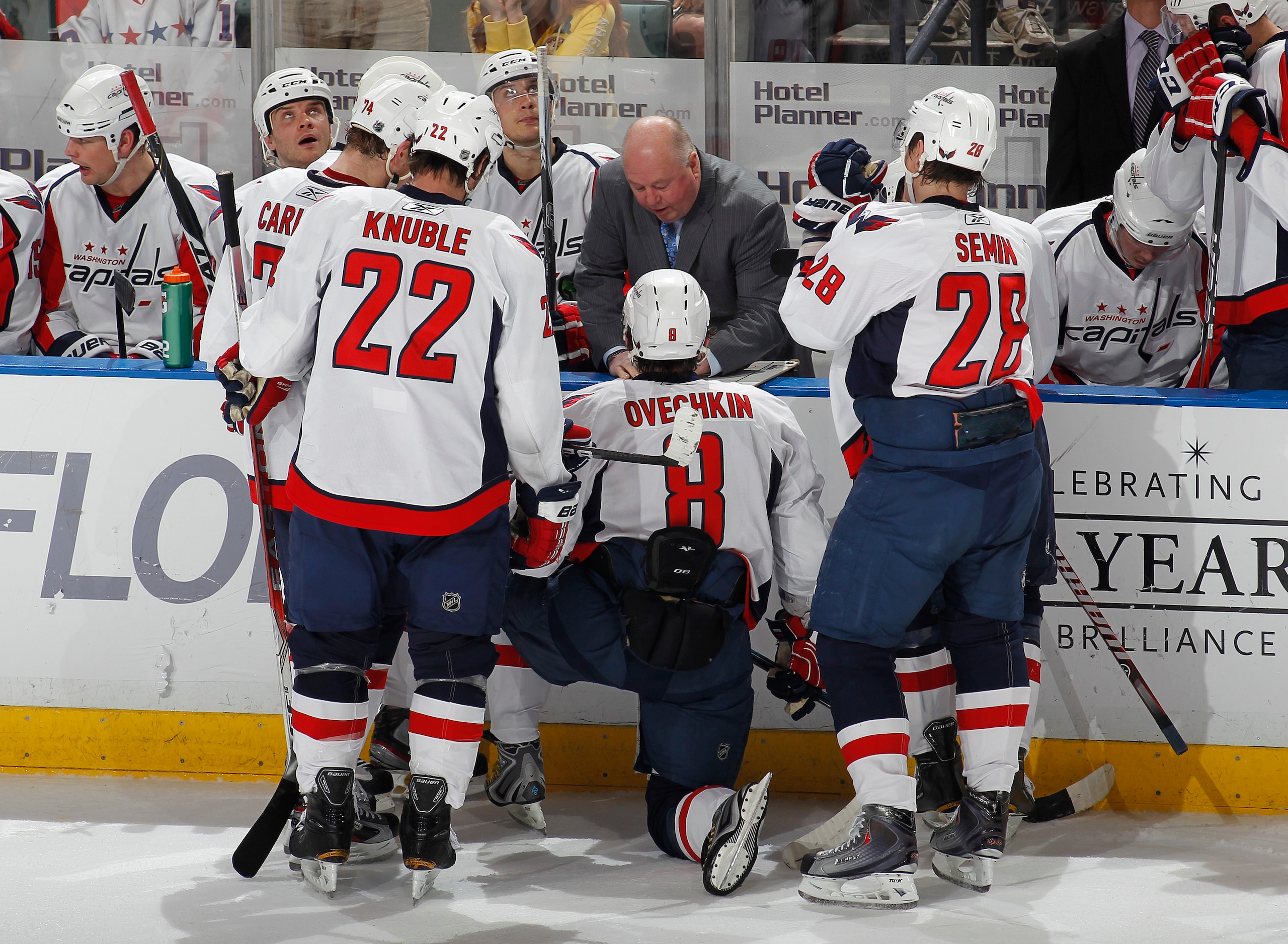 SUNRISE, FL - APRIL 9: Head coach Bruce Boudreau of the Washington Capitals talks to the team during a time out in the last minute of the game against the Florida Panthers on April 9, 2011 at the BankAtlantic Center in Sunrise, Florida. The Panthers defea