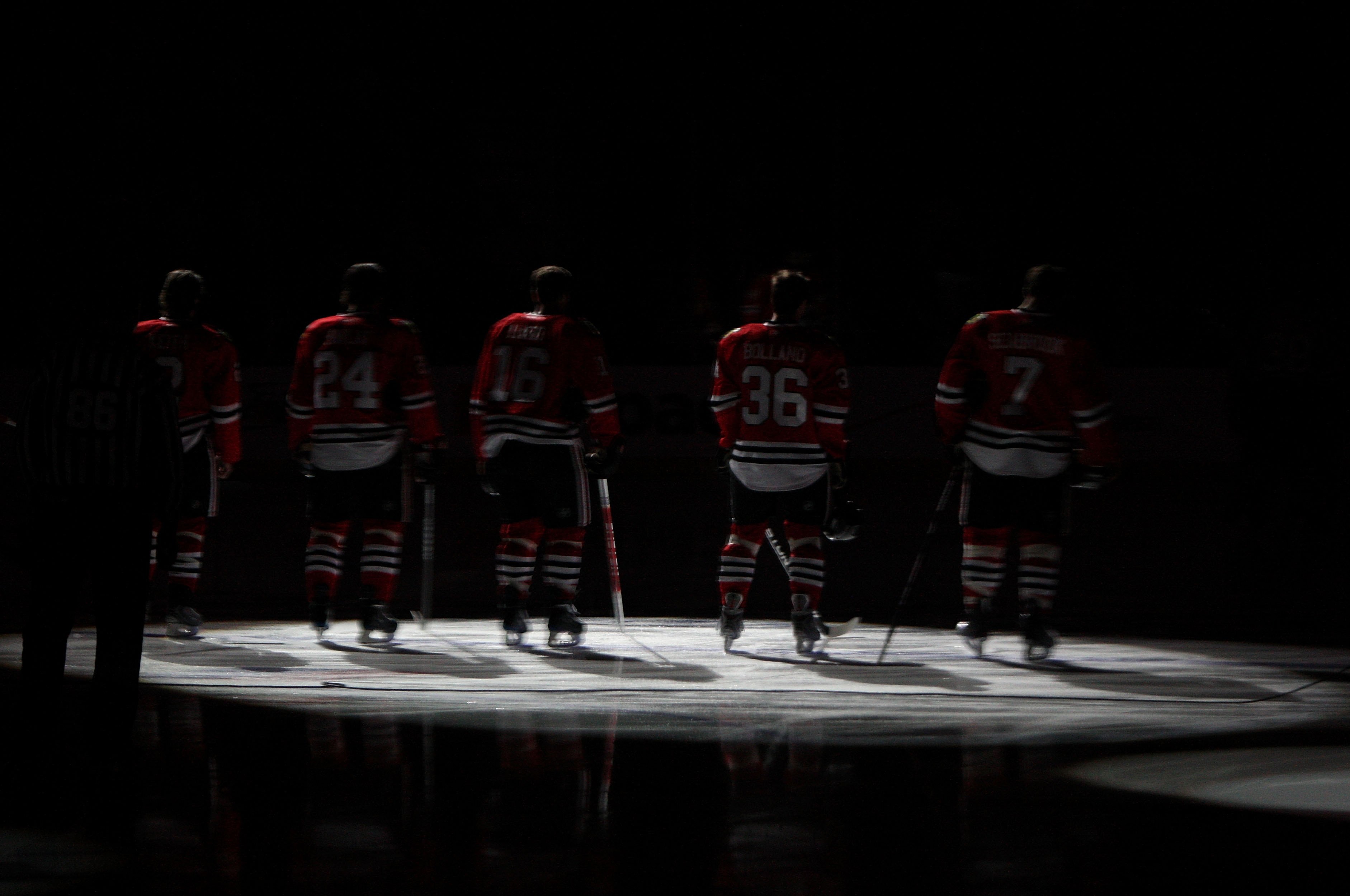 CHICAGO - MAY 24:  (L-R) Duncan Keith #2, Martin Havlat #24, Andrew Ladd #16, Dave Bolland #36 and Brent Seabrook #7 of the Chicago Blackhawks stand on the ice for the performing of the UNited STates National Anthem against the Detroit Red Wings during Ga