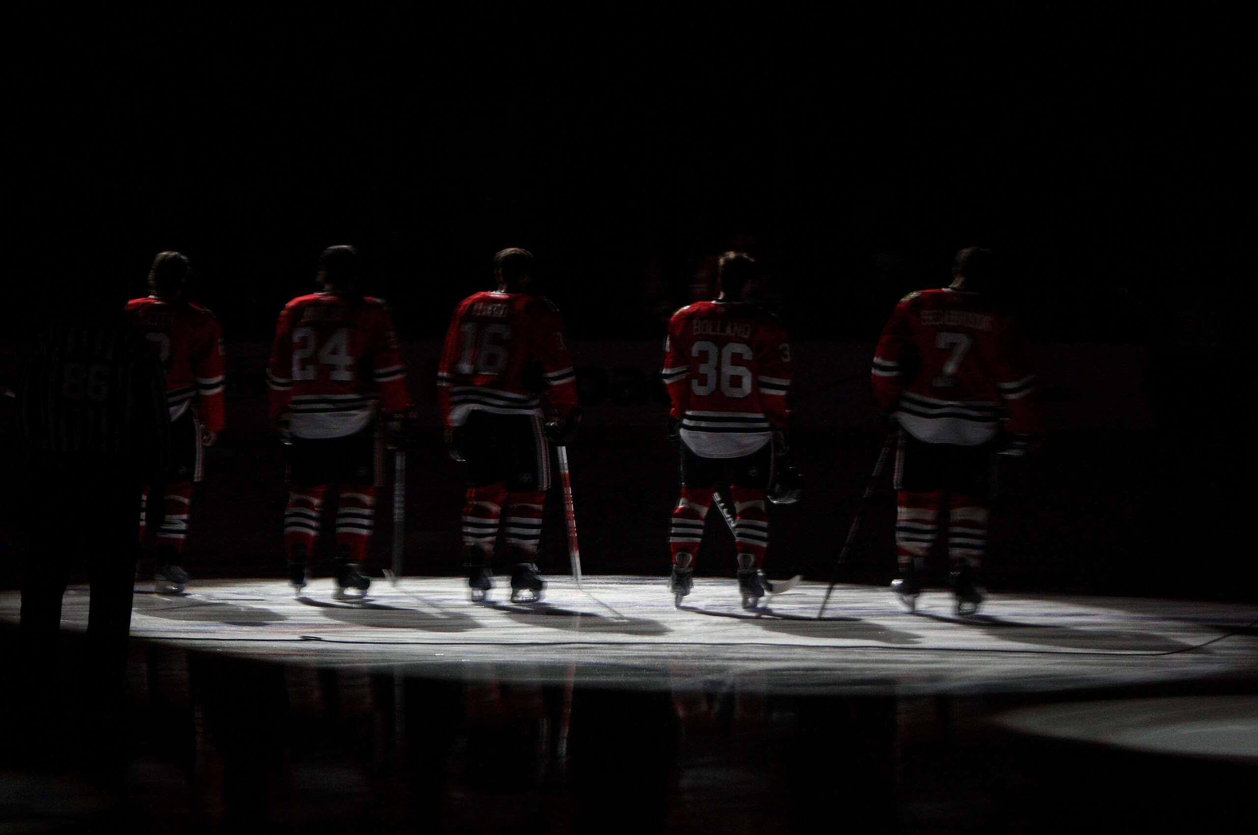 CHICAGO - MAY 24:  (L-R) Duncan Keith #2, Martin Havlat #24, Andrew Ladd #16, Dave Bolland #36 and Brent Seabrook #7 of the Chicago Blackhawks stand on the ice for the performing of the UNited STates National Anthem against the Detroit Red Wings during Ga