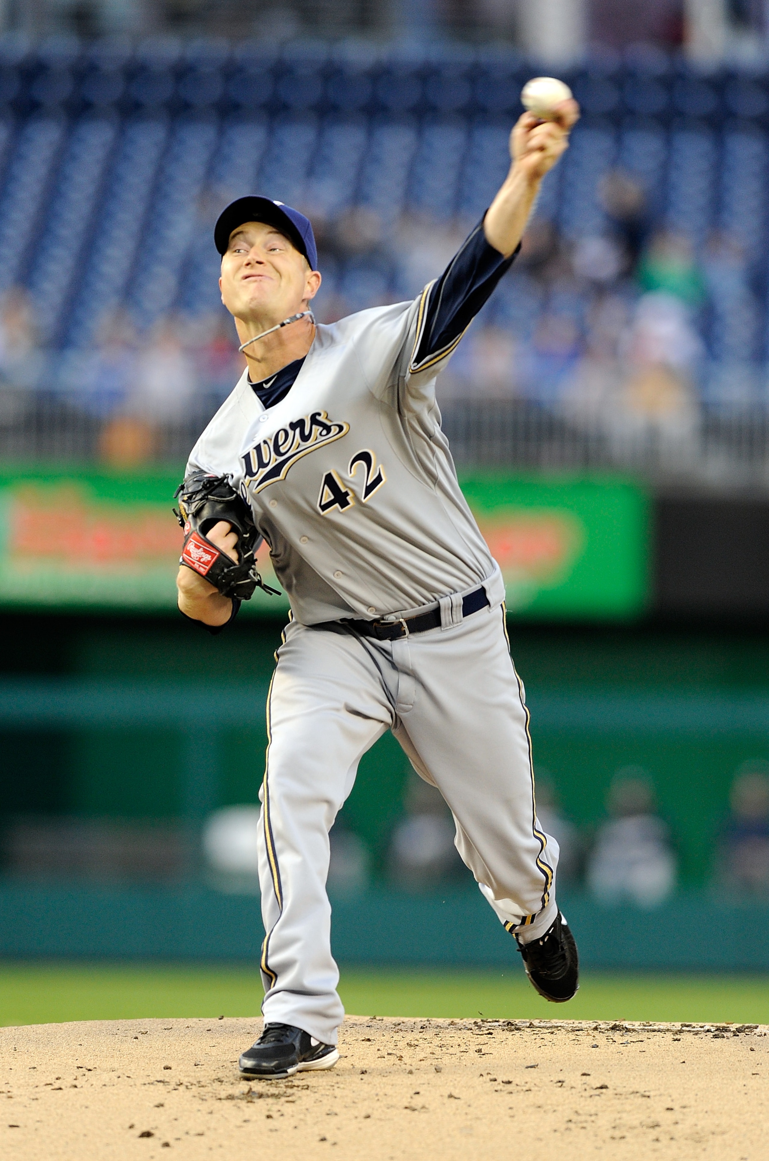 WASHINGTON, DC - APRIL 15:  Chris Narveson #38 of the Milwaukee Brewers pitches against the Washington Nationals at Nationals Park on April 15, 2011 in Washington, DC. All players, coaches and umpires are wearing #42 in honor of Jackie Robinson.  (Photo b