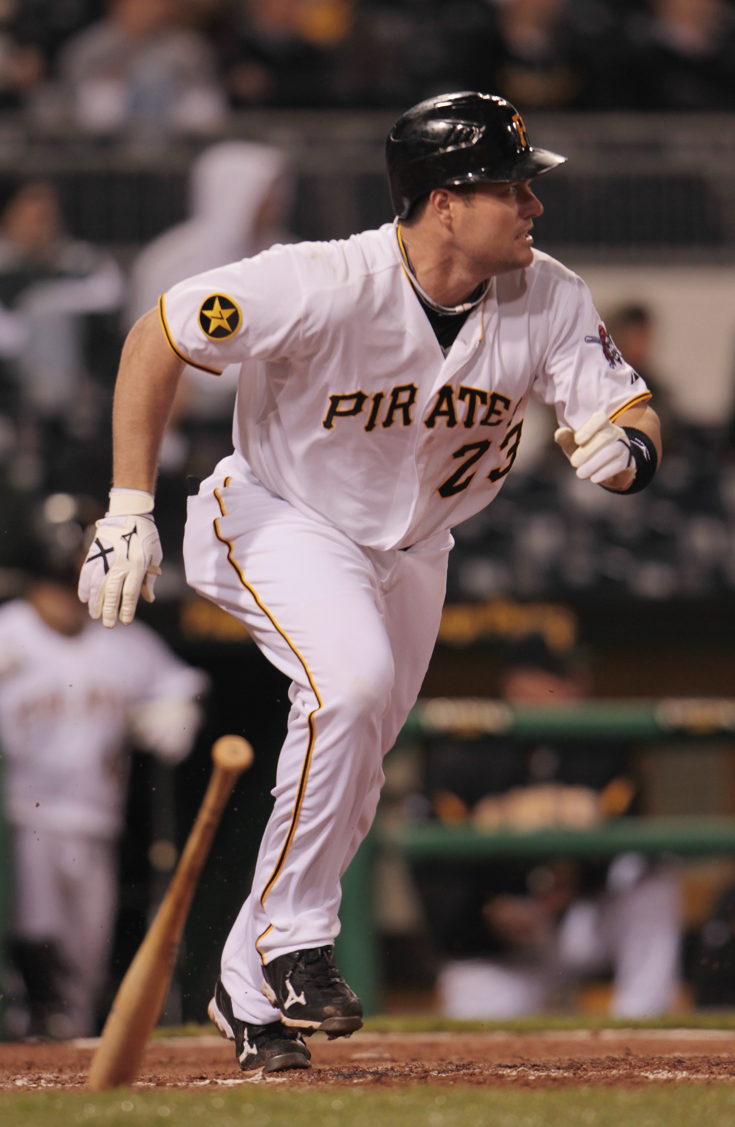 PITTSBURGH, PA - APRIL 13:  Matt Diaz #23 of the Pittsburgh Pirates watches a hit to the outfield during their game against the Milwaukee Brewers at PNC Park on April 13, 2011 in Pittsburgh, Pennsylvania.  (Photo by Scott Halleran/Getty Images)