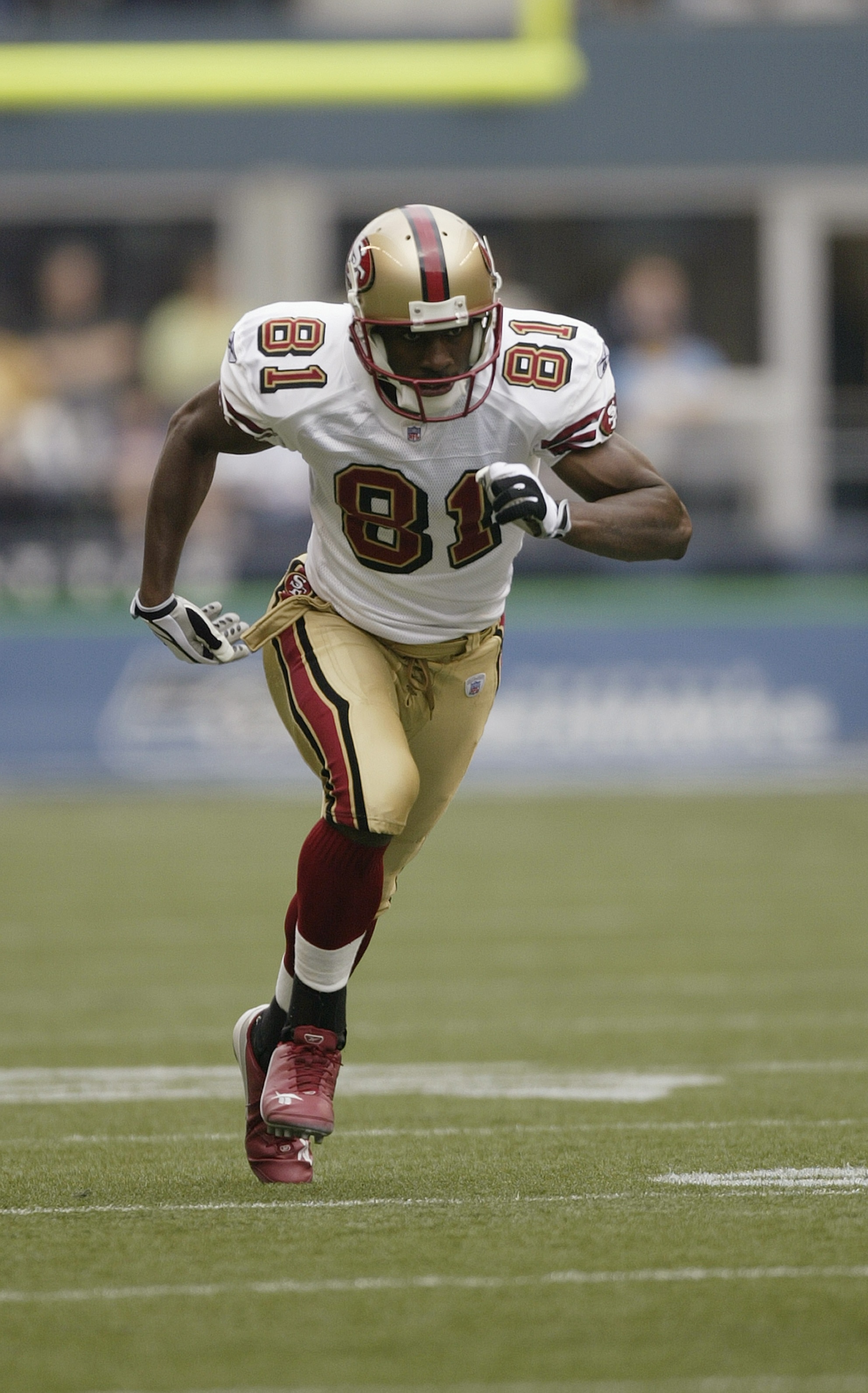 SEATTLE - SEPTEMBER 26: Wide reciever Rashaun Woods #81 of the San Francisco 49ers runs on the field during the game with the Seattle Seahawks at Qwest Field on September 26, 2004 in Seattle, Washington. The Seahawks won 34-0. (Photo by Otto Greule Jr/Ge SEATTLE - SEPTEMBER 26: Wide reciever Rashaun Woods #81 of the San Francisco 49ers runs on the field during the game with the Seattle Seahawks at Qwest Field on September 26, 2004 in Seattle, Washington. The Seahawks won 34-0. (Photo by Otto Greule Jr/Ge