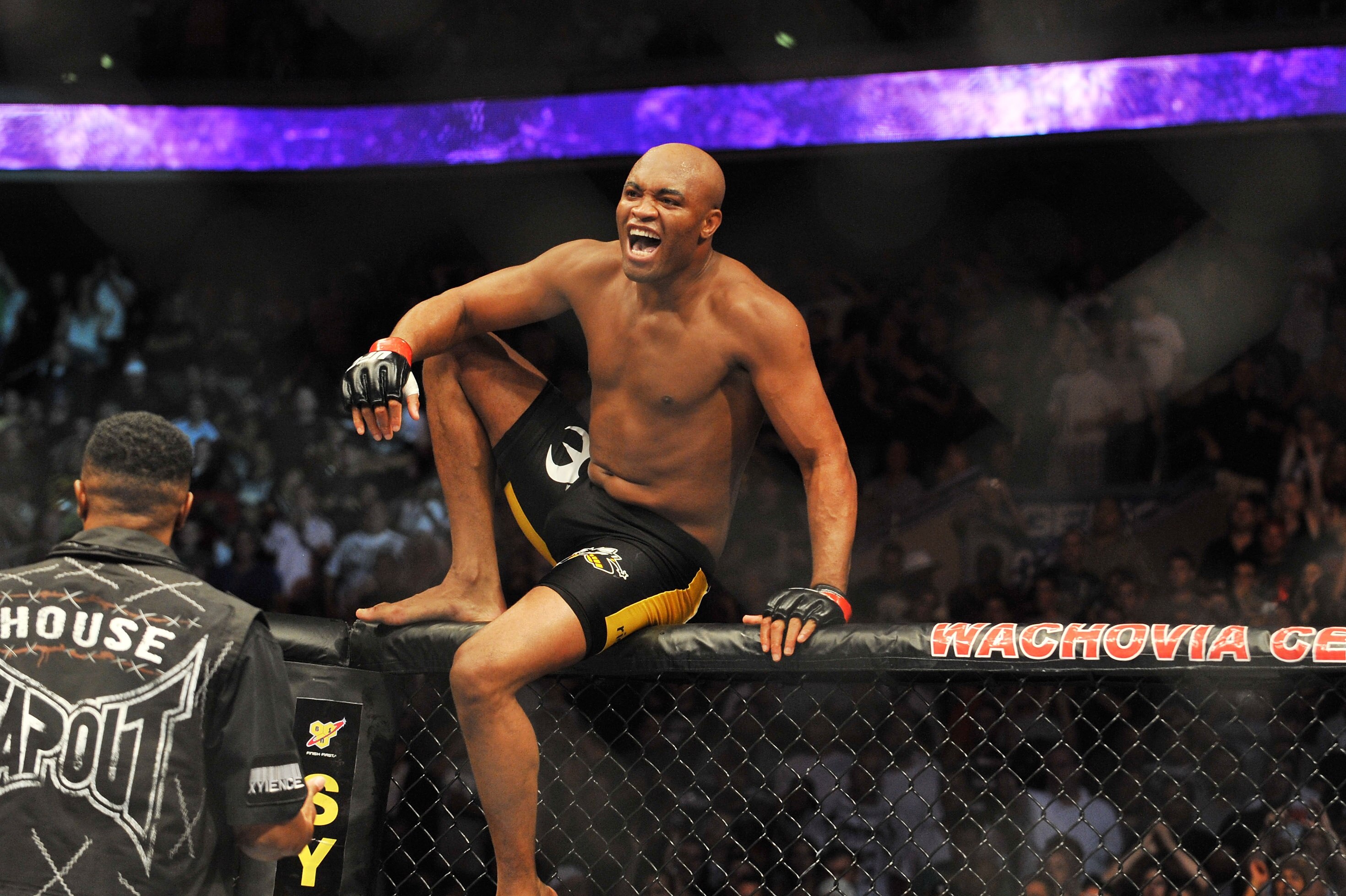 PHILADELPHIA - AUGUST 08:  Anderson Silva celebrates after defeating Forrest Griffin during their light heavyweight bout at UFC 101: Declaration at the Wachovia Center on August 8, 2009 in Philadelphia, Pennsylvania.  (Photo by Jon Kopaloff/Getty Images)