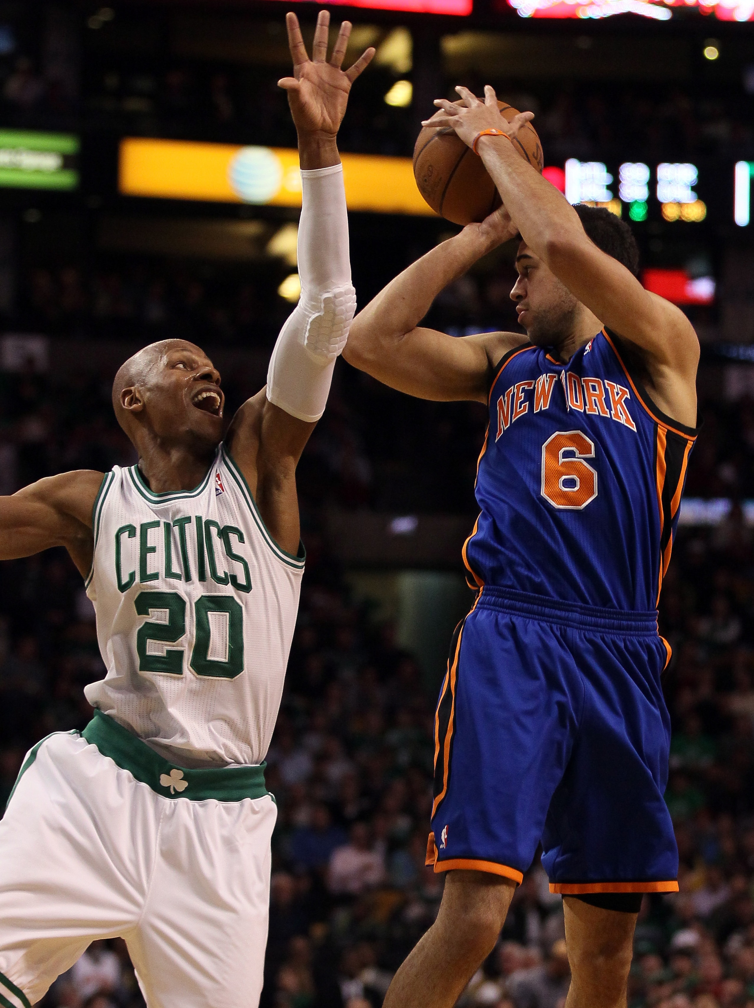 BOSTON, MA - APRIL 19:  Ray Allen #20 of the Boston Celtics tries to block a pass by Landry Fields #6 of the New York Knicks in Game Two of the Eastern Conference Quarterfinals in the 2011 NBA Playoffs on April 19, 2011 at the TD Garden in Boston, Massach