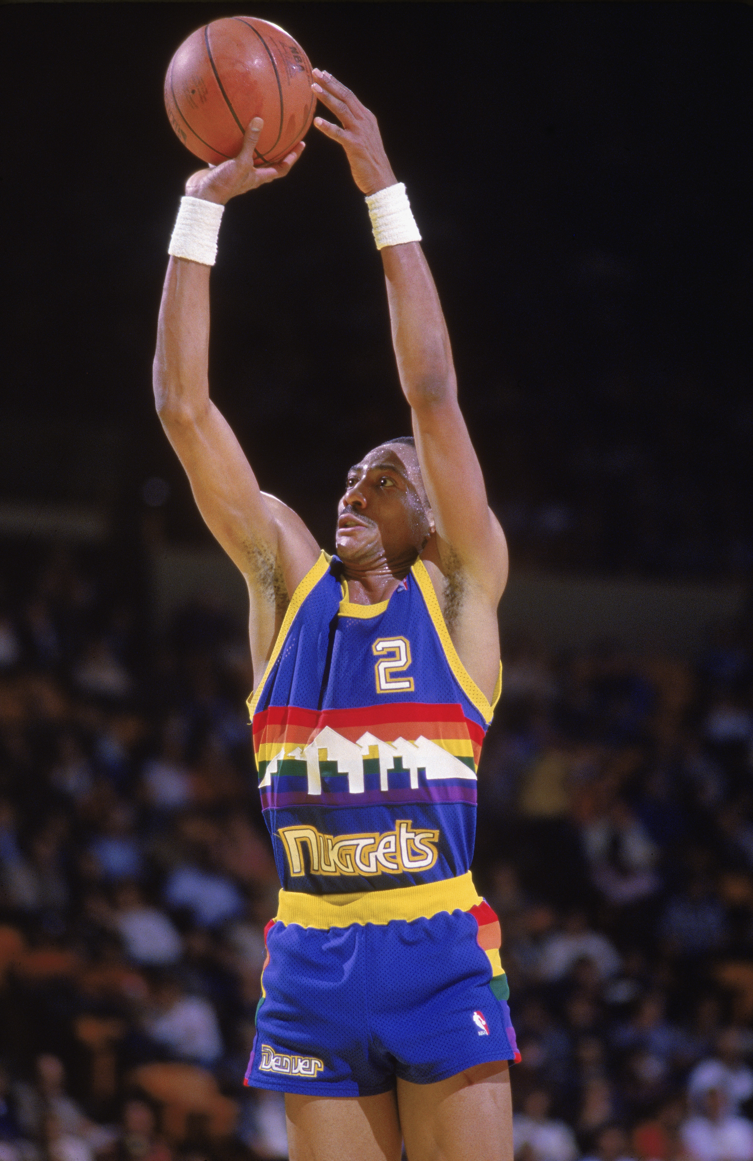LOS ANGELES - 1986:  Alex English #2 of the Denver Nuggets shoots a jump shot during the game against the Los Angeles Lakers at the Great Western Forum in Los Angeles, California during the 1986-87 NBA season.  (Photo by: Stephen Dunn/Getty Images)