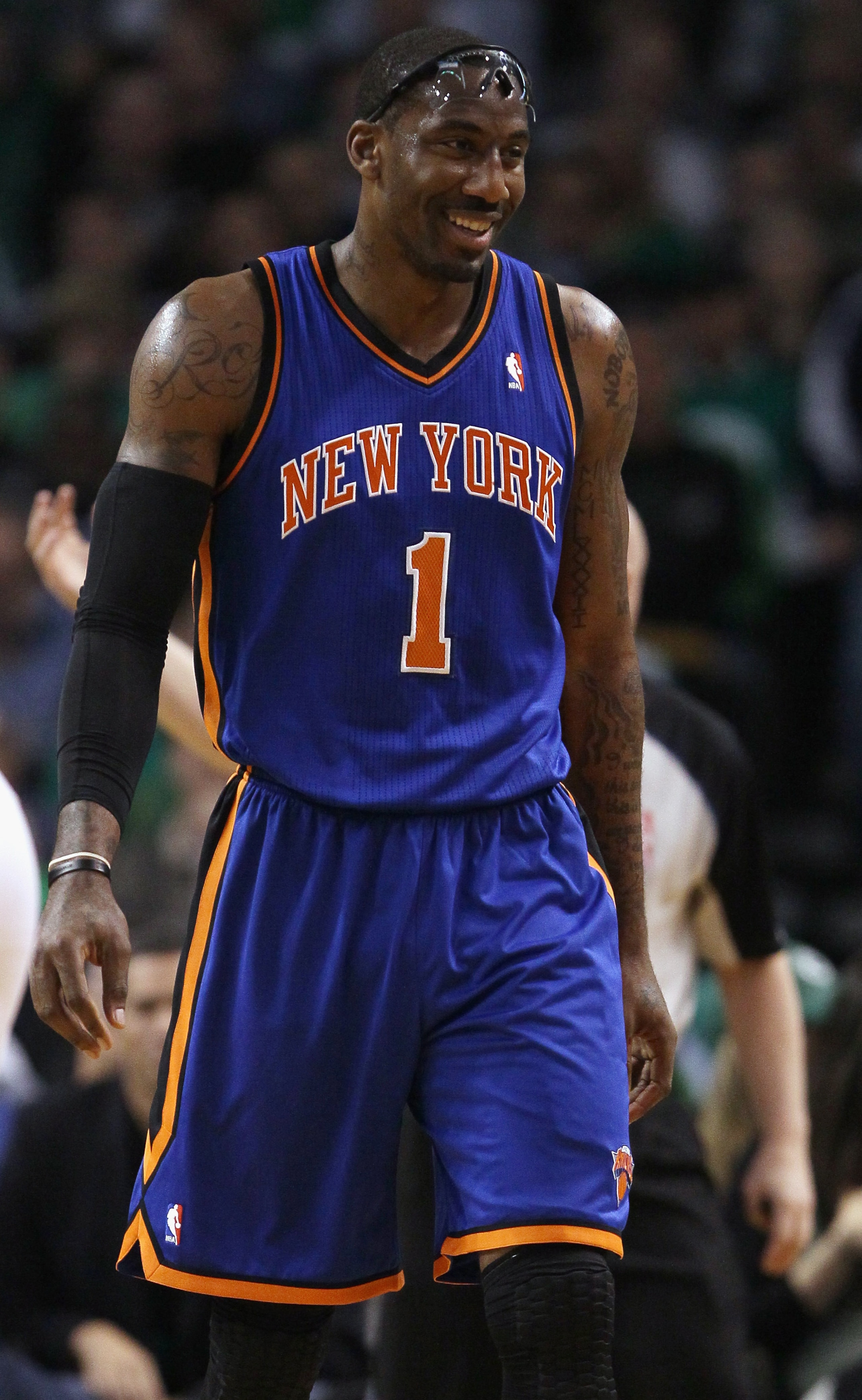 BOSTON, MA - APRIL 19:  Amare Stoudemire #1 of the New York Knicks walks out on the court after a time out in the first quarter against the Boston Celtics  in Game Two of the Eastern Conference Quarterfinals in the 2011 NBA Playoffs on April 19, 2011 at t