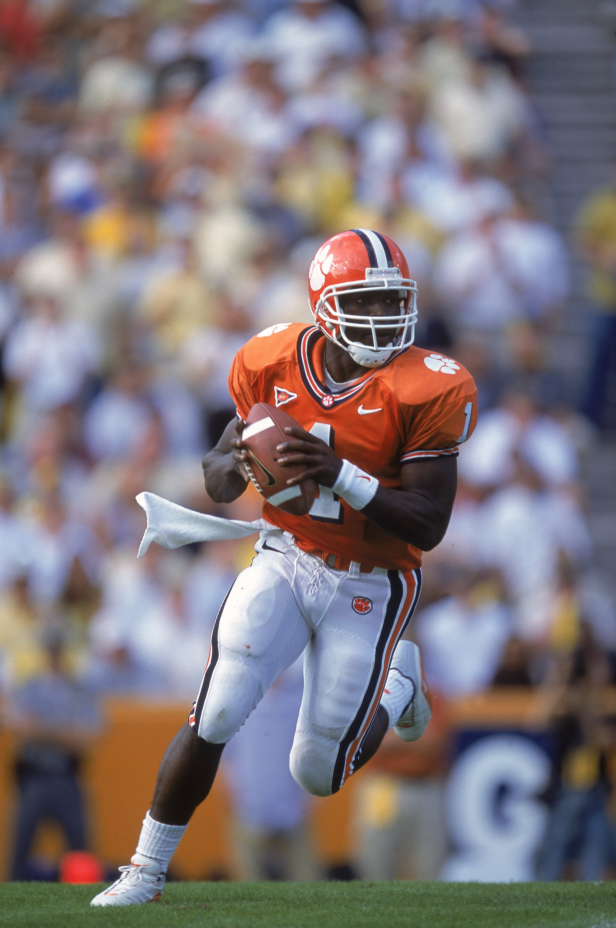 28 Oct 2000: Quarterback Woodrow Dantzler #1 of the Clemson Tigers runs as he look to pass the ball during the game against the Georgia Tech Yellow Jackets in Clemson, South Carolina. The Yellow  Jackets defeated the Tigers 31-28.Mandatory Credit: Craig J