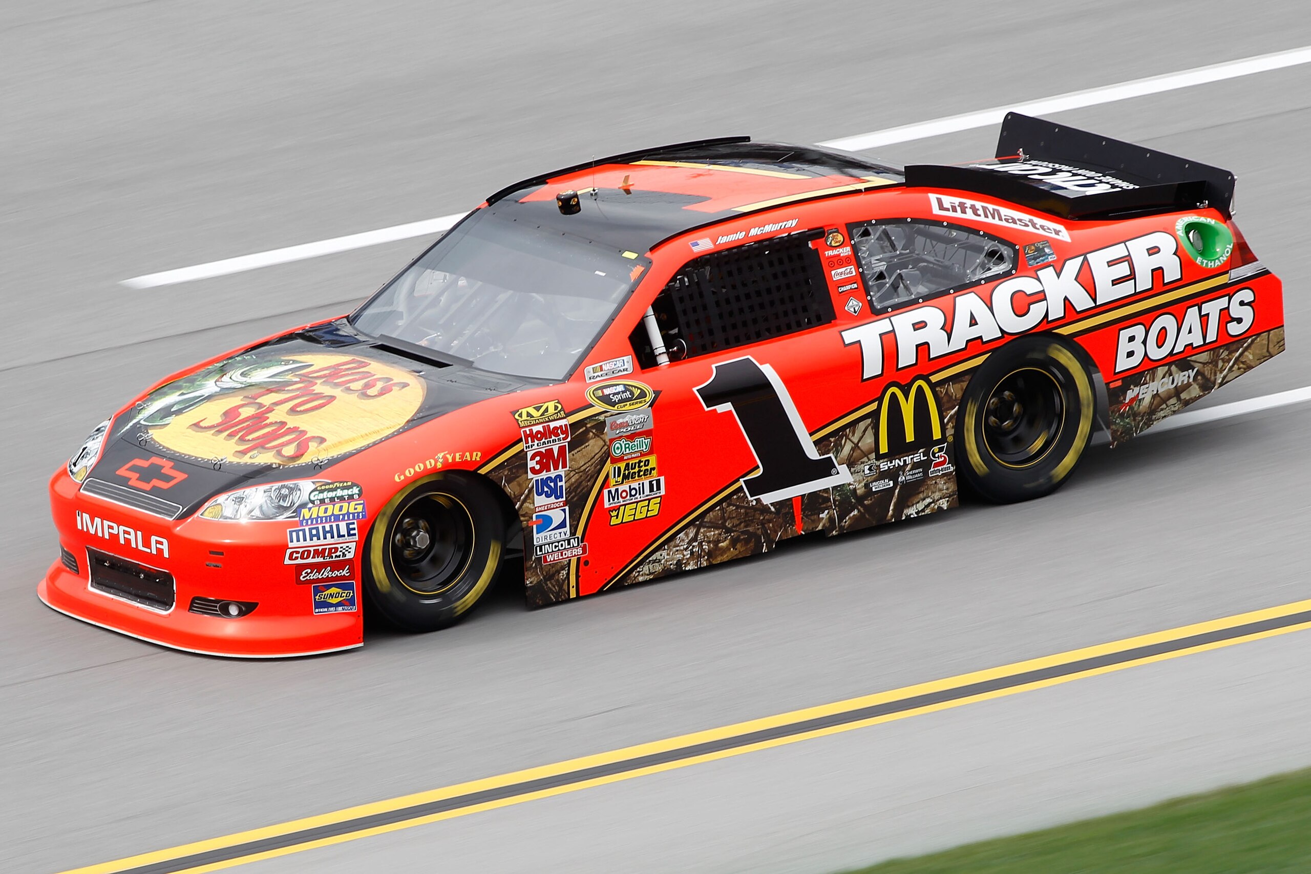 TALLADEGA, AL - APRIL 15:  Jamie McMurray, driver of the #1 Bass Pro Shops/Tracker Boats Chevrolet, drives during practice for the NASCAR Sprint Cup Series Aaron's 499 at Talladega Superspeedway on April 15, 2011 in Talladega, Alabama.  (Photo by Todd War