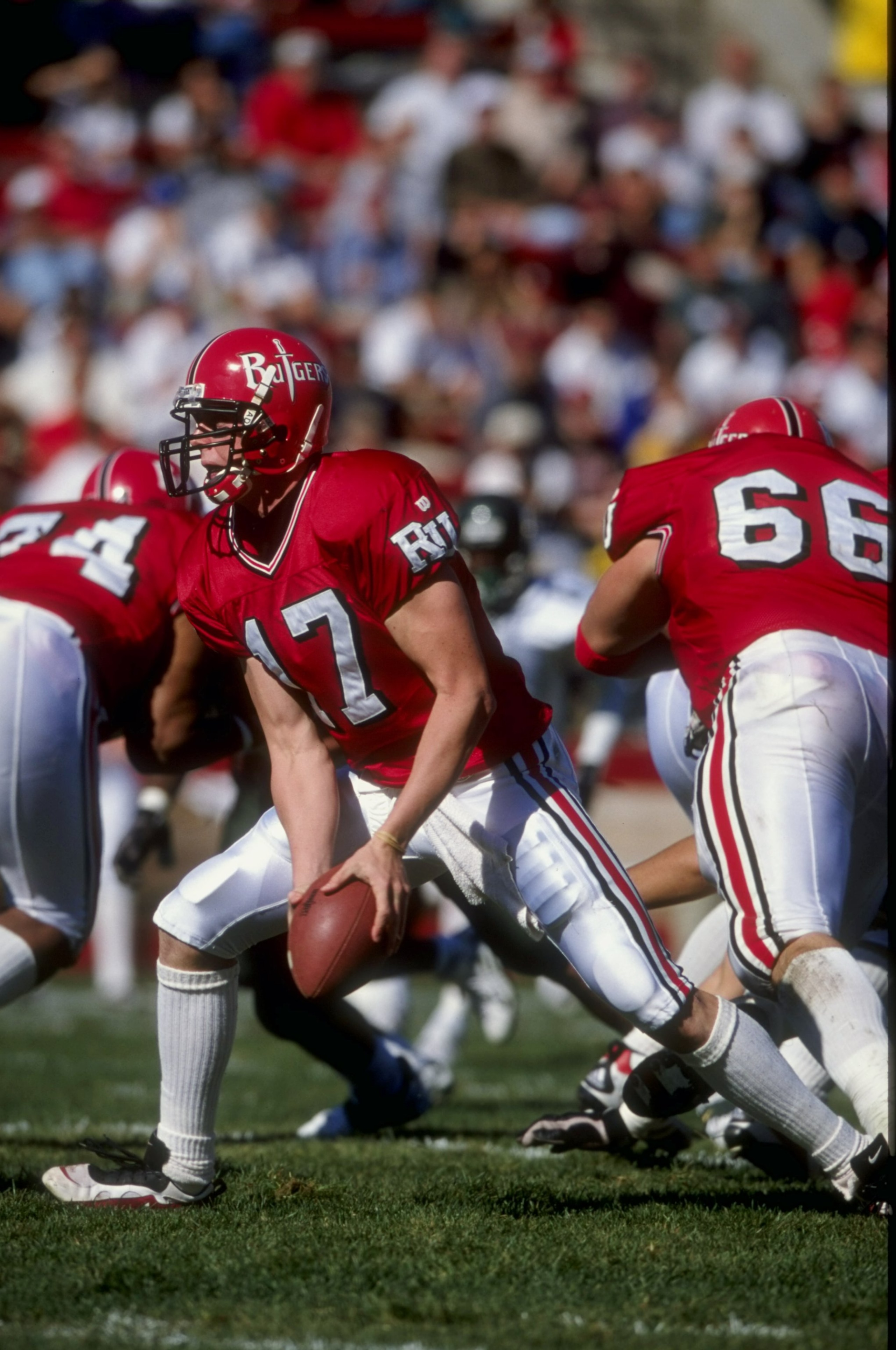 24 Oct 1998:  Quarterback Mike McMahon #17 of the Rutgers Scarlet Knights in action during the game against the Tulane Green Waves at the Rutgers Stadium in New Brunswick, New Jersey. The Green Waves defeated the Scarlet Knights 52-24. Mandatory Credit: E