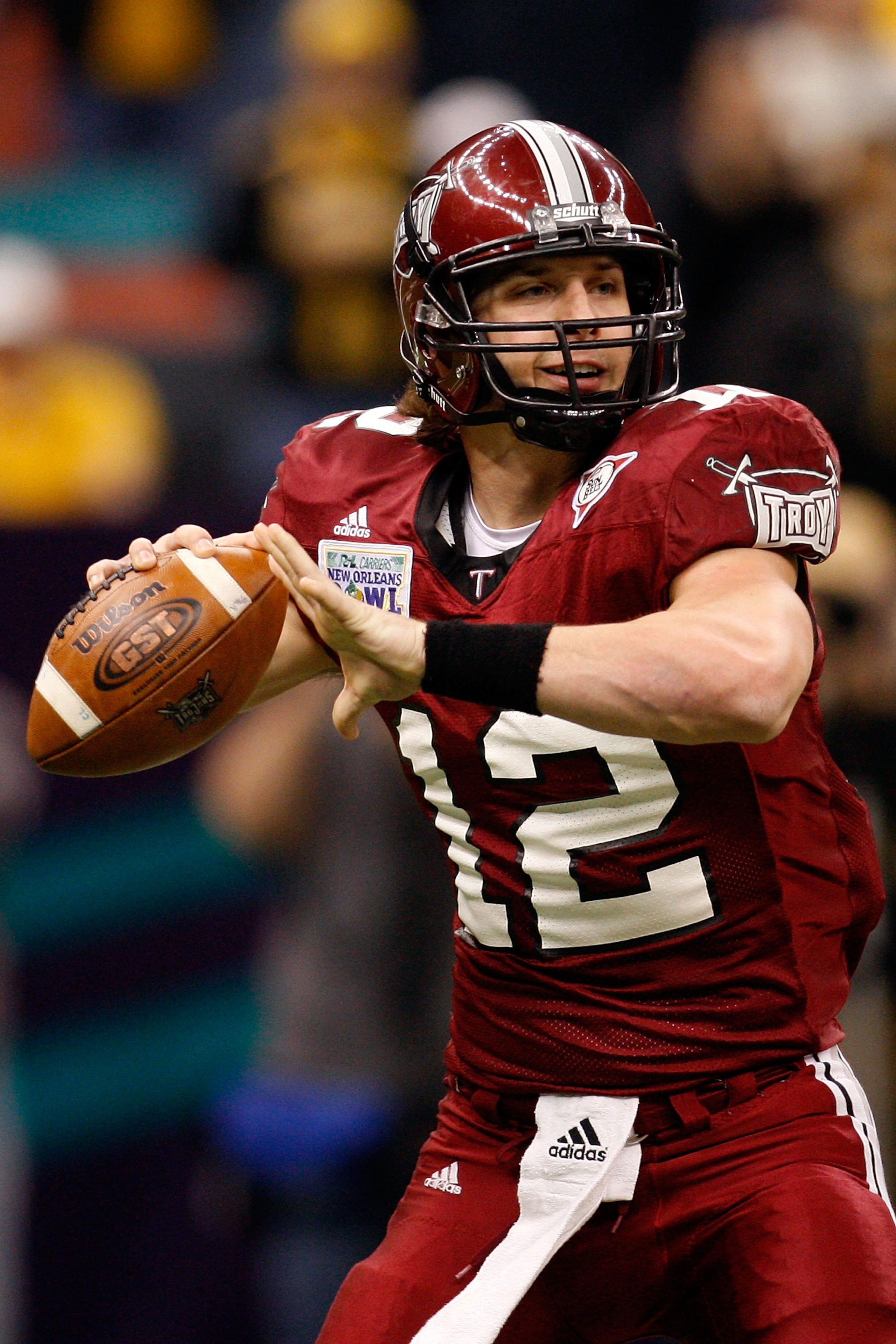 NEW ORLEANS - DECEMBER 21: Quarterback Levi Brown #12 of the Troy Trojans looks to throw a pass against the Southern Mississippi Golden Eagles in the R+L Carriers New Orleans Bowl on December 21, 2008 at the Superdome in New Orleans, Louisiana. The Eagles
