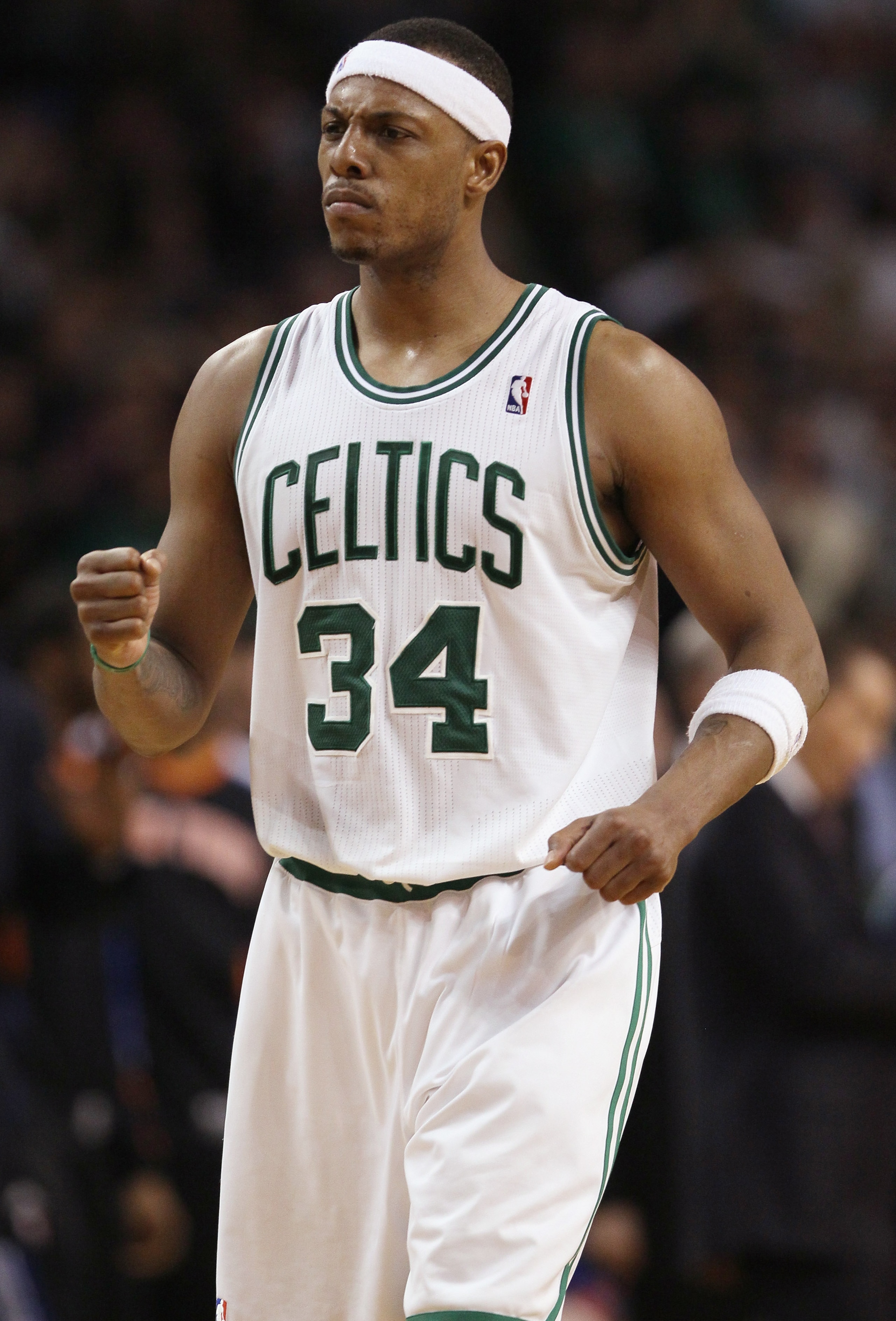 BOSTON, MA - APRIL 19:  Paul Pierce #34 of the Boston Celtics celebrates the win against the New York Knicks in Game Two of the Eastern Conference Quarterfinals in the 2011 NBA Playoffs on April 19, 2011 at the TD Garden in Boston, Massachusetts. The Bost