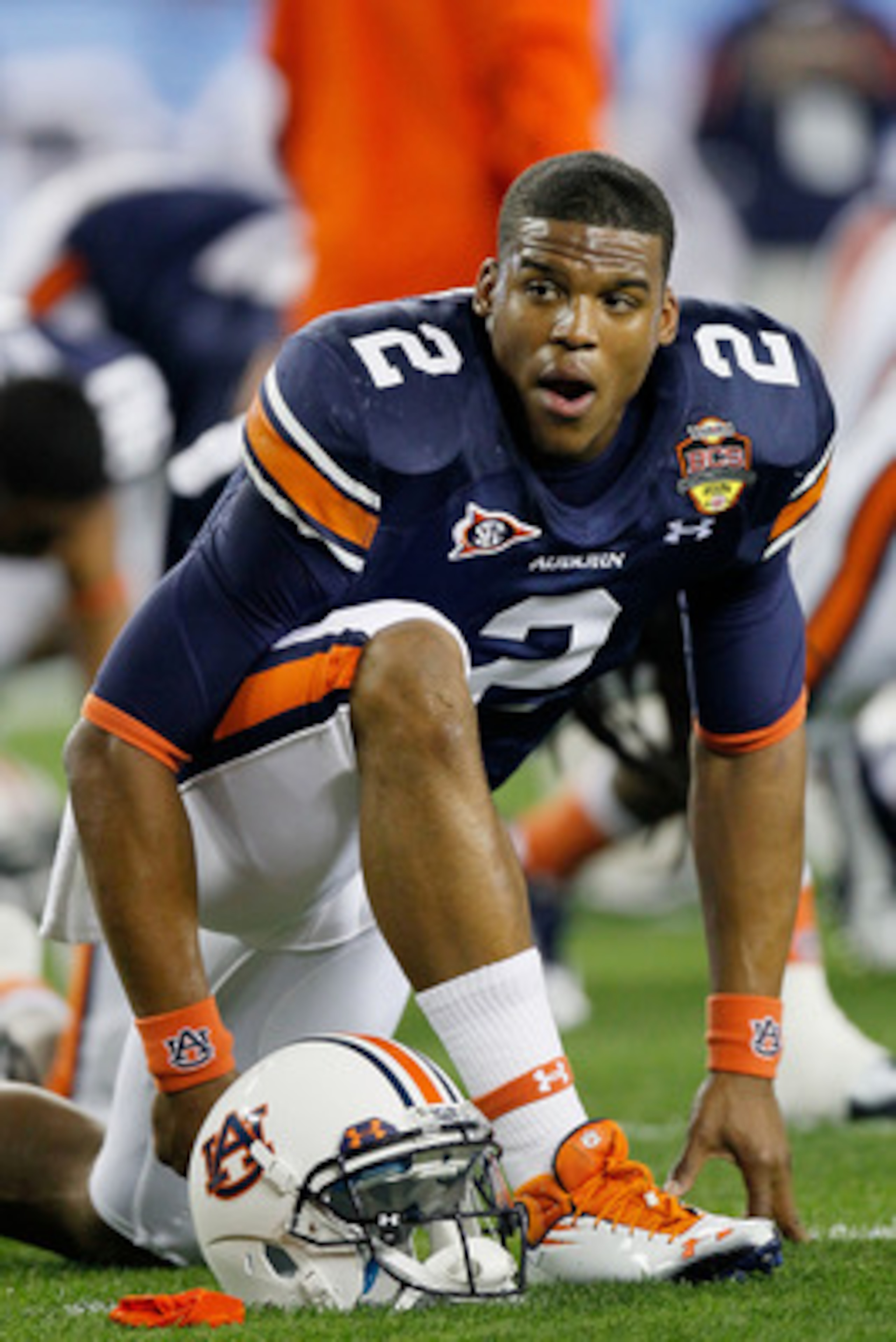 GLENDALE, AZ - JANUARY 10: Cameron Newton #2 of the Auburn Tigers reacts during their game against the Oregon Ducks during the Tostitos BCS National Championship Game at University of Phoenix Stadium on January 10, 2011 in Glendale, Arizona. (Photo by K GLENDALE, AZ - JANUARY 10: Cameron Newton #2 of the Auburn Tigers reacts during their game against the Oregon Ducks during the Tostitos BCS National Championship Game at University of Phoenix Stadium on January 10, 2011 in Glendale, Arizona. (Photo by K