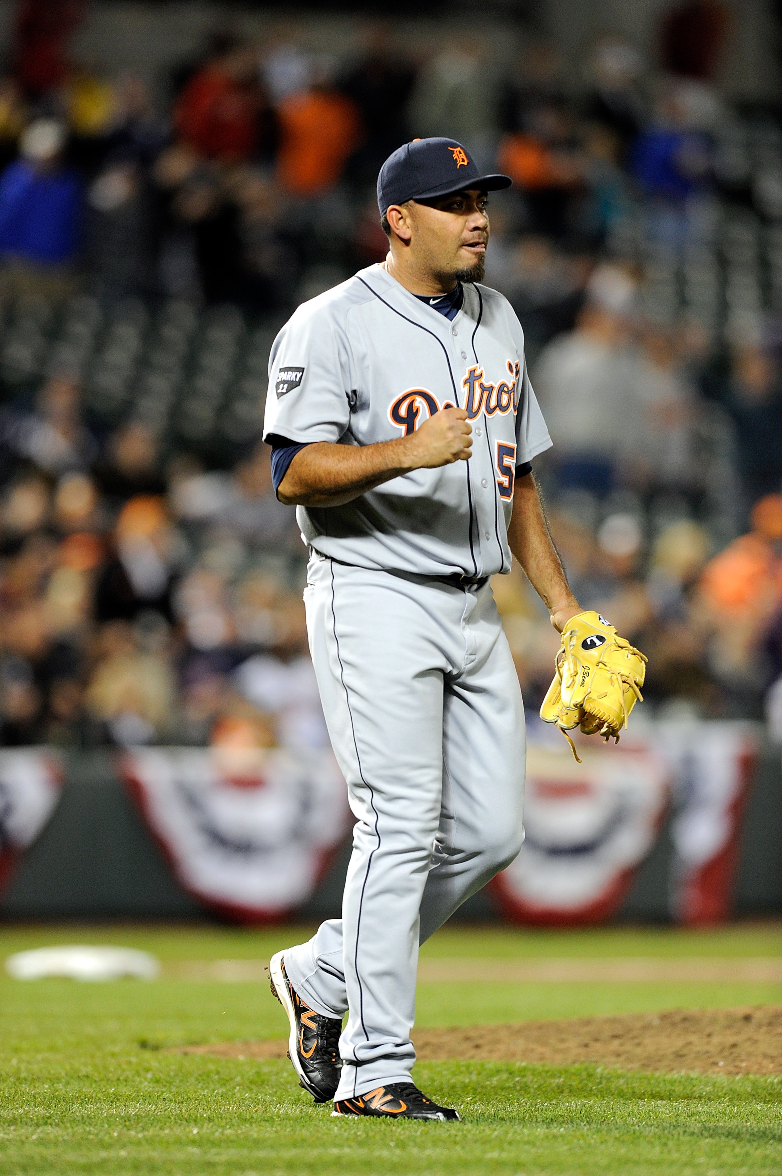 BALTIMORE, MD - APRIL 06:  Joaquin Benoit #53 of the Detroit Tigers celebrates after the final out in a 7-3 victory against the Baltimore Orioles at Oriole Park at Camden Yards on April 6, 2011 in Baltimore, Maryland. (Photo by Greg Fiume/Getty Images)