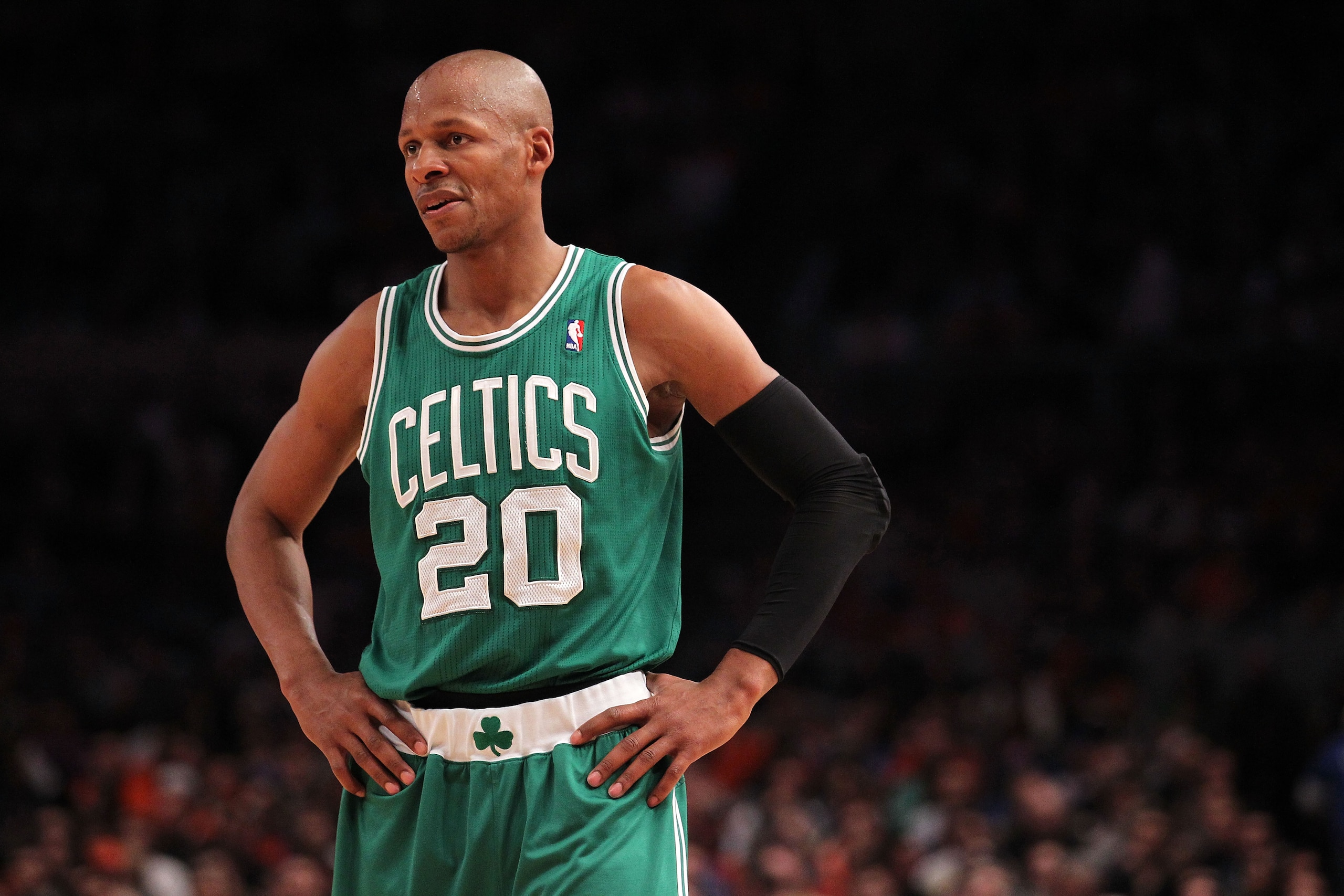 NEW YORK, NY - APRIL 22:  Ray Allen #20 of the Boston Celtics looks on against the New York Knicks in Game Three of the Eastern Conference Quarterfinals in the 2011 NBA Playoffs on April 22, 2011 at Madison Square Garden in New York City.  NOTE TO USER: U