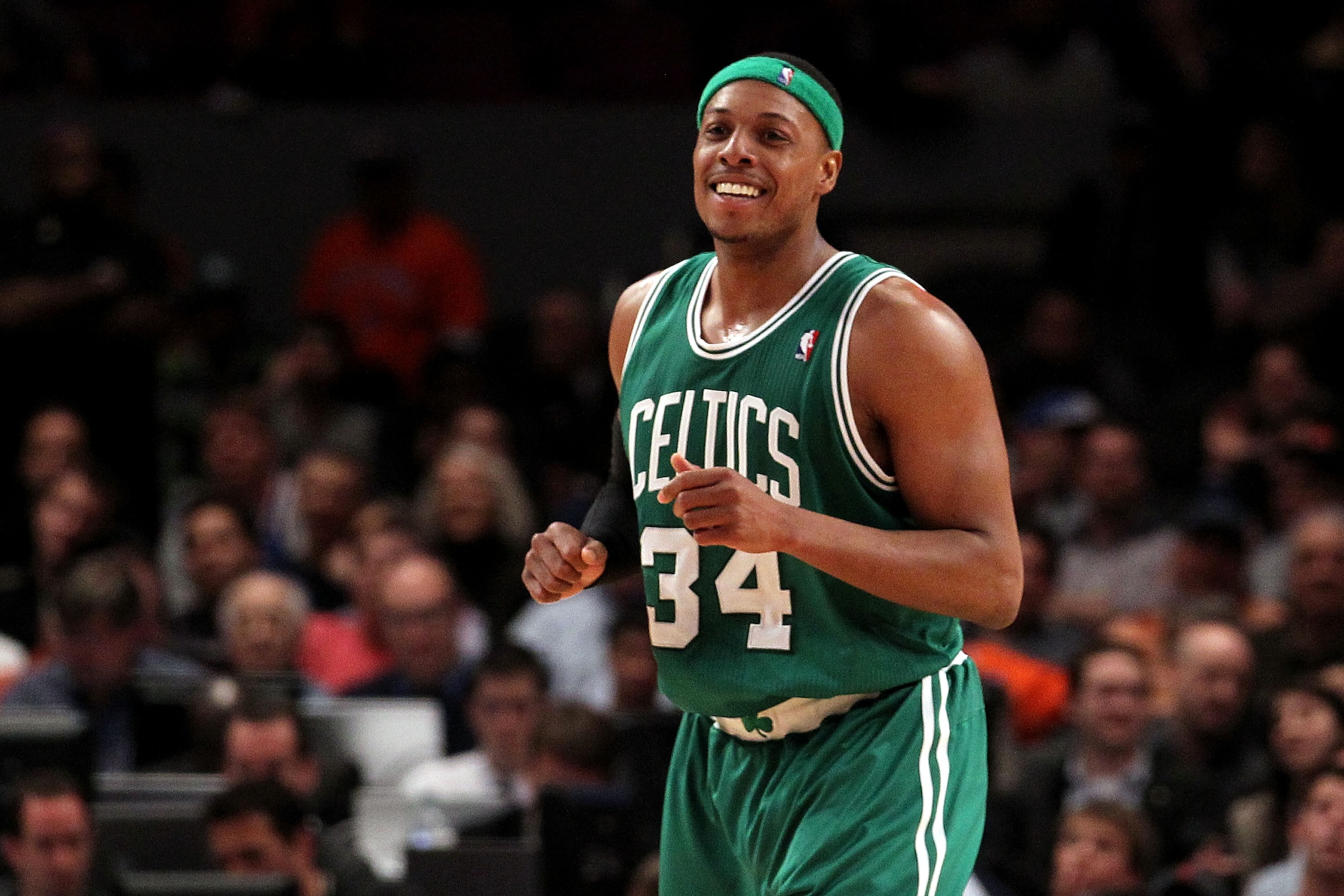 NEW YORK, NY - APRIL 22:  Paul Pierce #34 of the Boston Celtics reacts against the New York Knicks in Game Three of the Eastern Conference Quarterfinals in the 2011 NBA Playoffs on April 22, 2011 at Madison Square Garden in New York City.  NOTE TO USER: U
