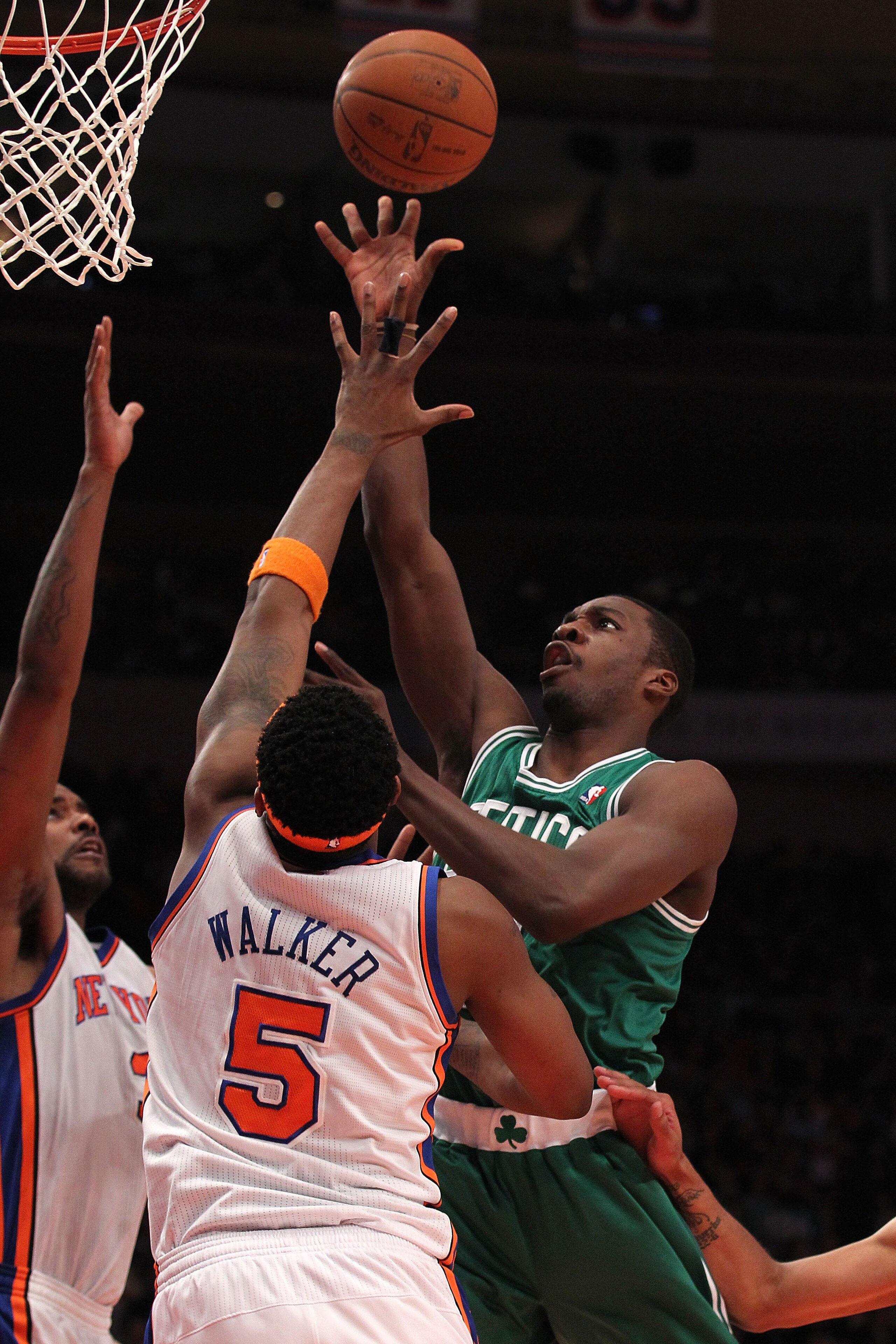 NEW YORK, NY - APRIL 22:  Jeff Green #8 of the Boston Celtics attempts a shot against Bill Walker #5 of the New York Knicks in Game Three of the Eastern Conference Quarterfinals in the 2011 NBA Playoffs on April 22, 2011 at Madison Square Garden in New Yo
