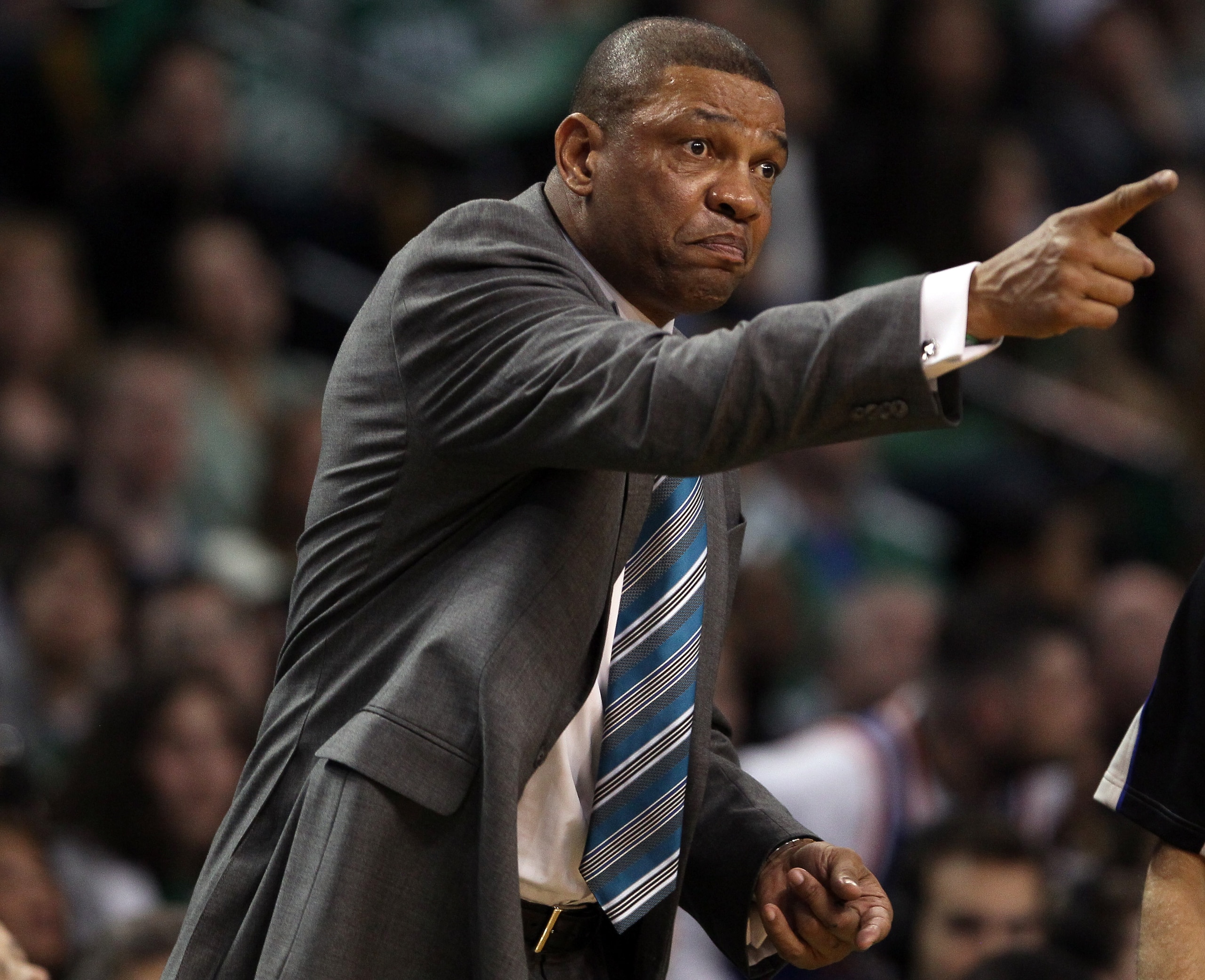 BOSTON, MA - APRIL 19:  Doc Rivers of the Boston Celtics directs his players in the second half against the New York Knicks in Game Two of the Eastern Conference Quarterfinals in the 2011 NBA Playoffs on April 19, 2011 at the TD Garden in Boston, Massachu