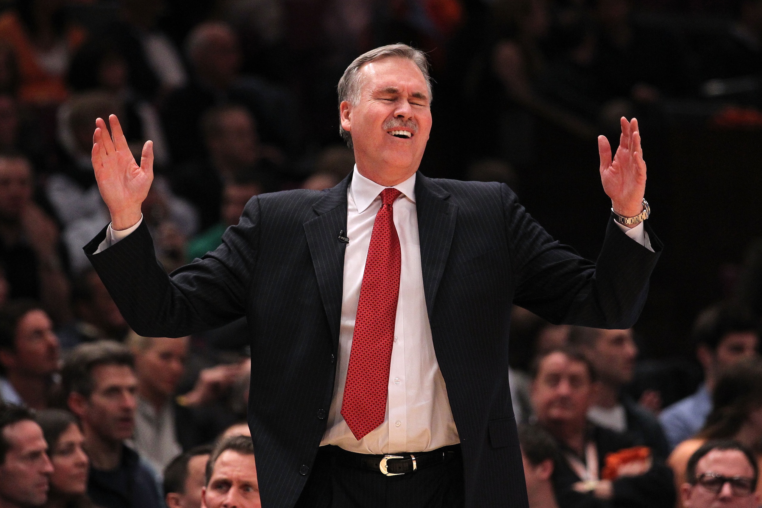 NEW YORK, NY - APRIL 22:  Mike D'Antoni of the New York Knicks reacts against the Boston Celtics in Game Three of the Eastern Conference Quarterfinals in the 2011 NBA Playoffs on April 22, 2011 at Madison Square Garden in New York City.  NOTE TO USER: Use