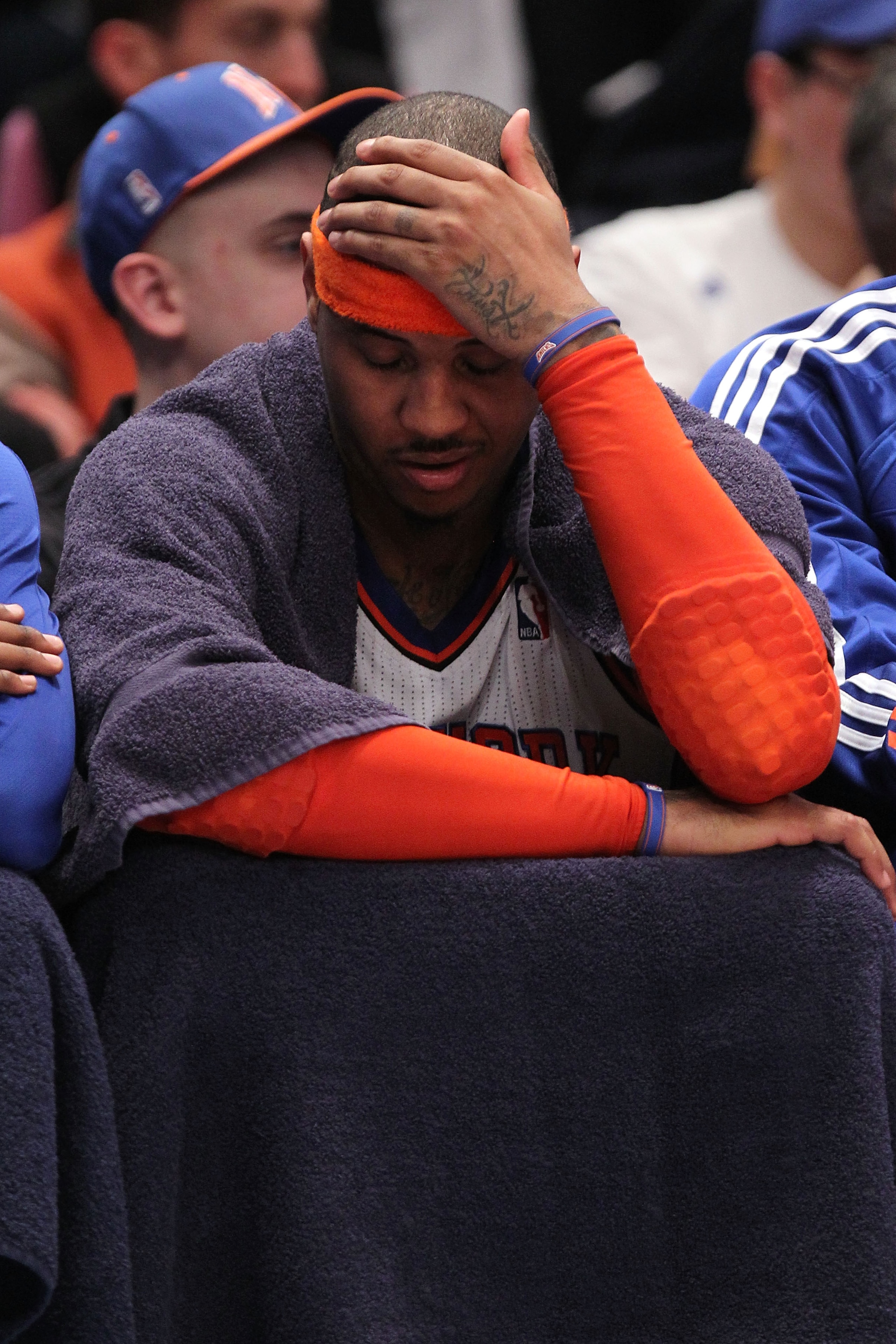 NEW YORK, NY - APRIL 22: Carmelo Anthony #7 of the New York Knicks sits on the bench dejected late in the second half against the Boston Celtics in Game Three of the Eastern Conference Quarterfinals in the 2011 NBA Playoffs on April 22, 2011 at Madison S NEW YORK, NY - APRIL 22: Carmelo Anthony #7 of the New York Knicks sits on the bench dejected late in the second half against the Boston Celtics in Game Three of the Eastern Conference Quarterfinals in the 2011 NBA Playoffs on April 22, 2011 at Madison S