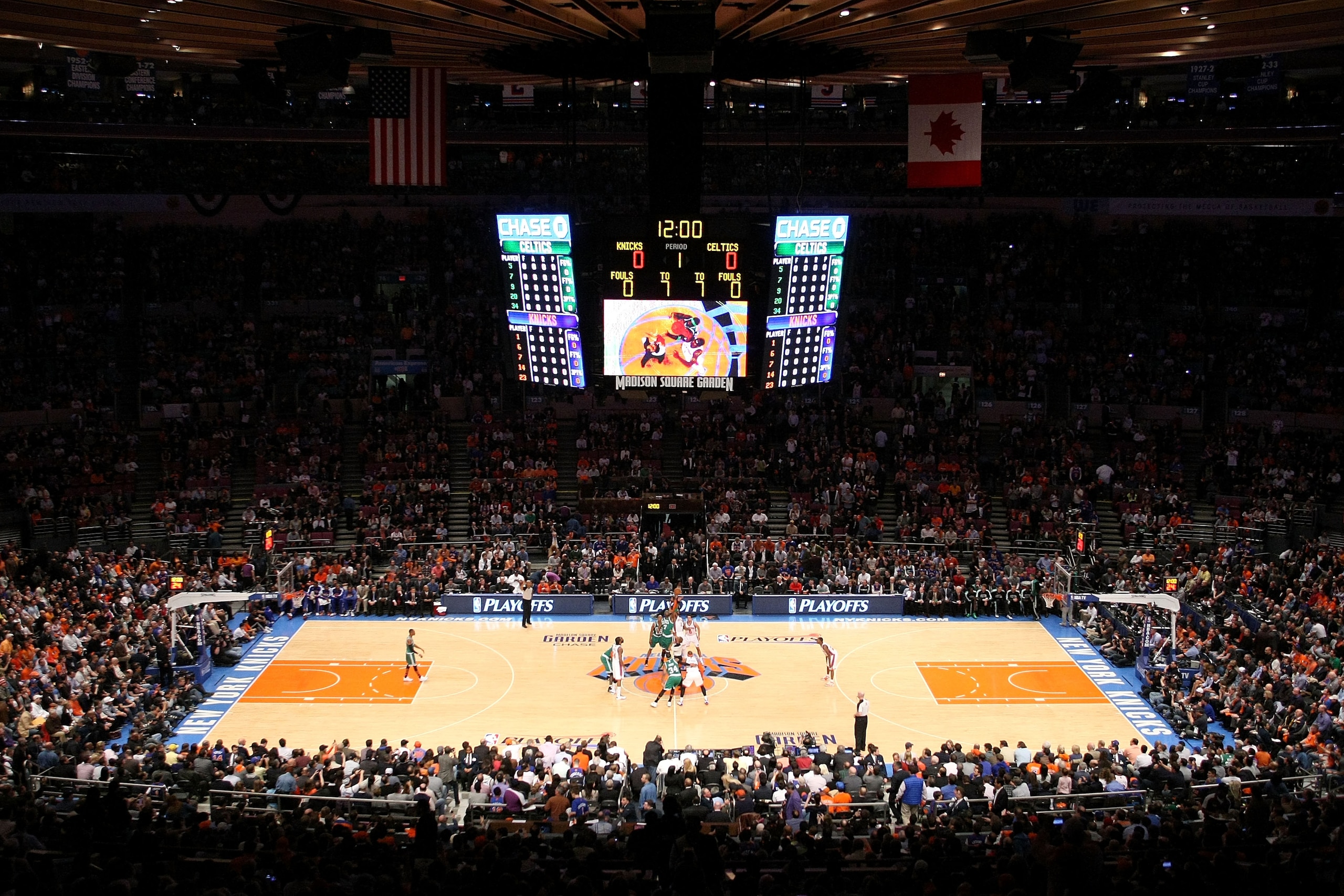 NEW YORK, NY - APRIL 22: A general view of the opening tip-off between the New York Knicks and the Boston Celtics in Game Three of the Eastern Conference Quarterfinals in the 2011 NBA Playoffs on April 22, 2011 at Madison Square Garden in New York City. NEW YORK, NY - APRIL 22: A general view of the opening tip-off between the New York Knicks and the Boston Celtics in Game Three of the Eastern Conference Quarterfinals in the 2011 NBA Playoffs on April 22, 2011 at Madison Square Garden in New York City.