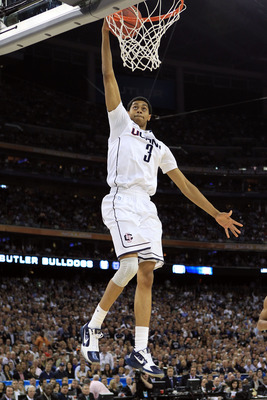 HOUSTON, TX - APRIL 04:  Jeremy Lamb #3 of the Connecticut Huskies dunks the ball against the Butler Bulldogs during the National Championship Game of the 2011 NCAA Division I Men's Basketball Tournament at Reliant Stadium on April 4, 2011 in Houston, Tex