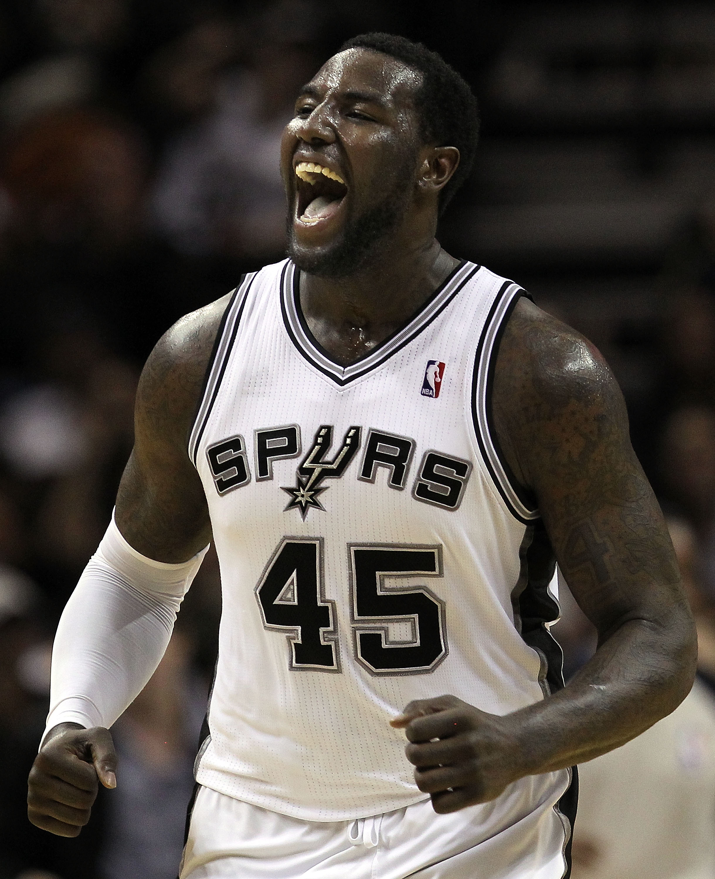 SAN ANTONIO, TX - DECEMBER 28:  Forward DeJuan Blair #45 of the San Antonio Spurs reacts during play against the Los Angeles Lakers at AT&T Center on December 28, 2010 in San Antonio, Texas.  NOTE TO USER: User expressly acknowledges and agrees that, by d