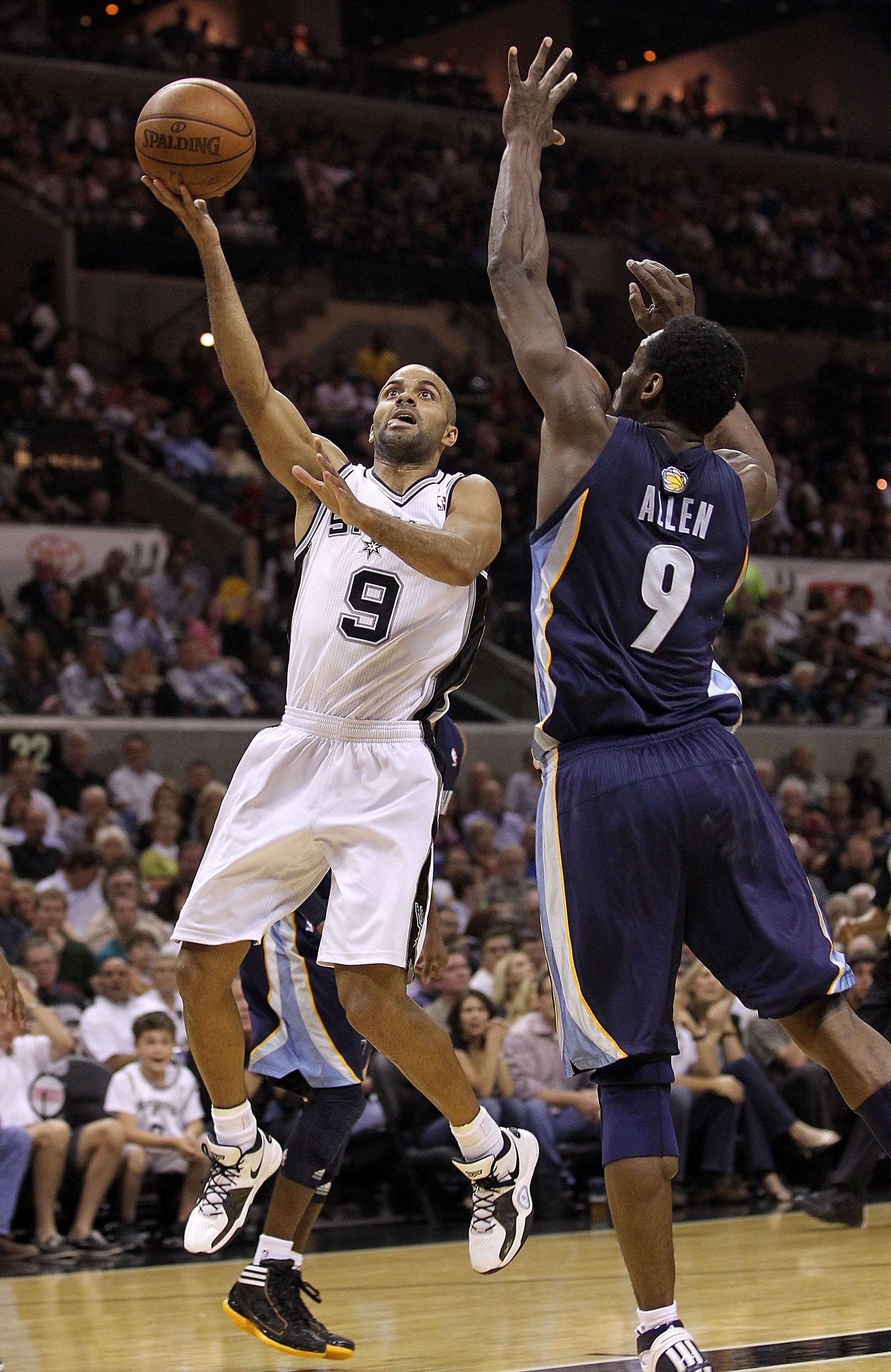 SAN ANTONIO, TX - APRIL 20:  Guard Tony Parker #9 of the San Antonio Spurs takes a shot against Tony Allen #9 of the Memphis Grizzlies in Game Two of the Western Conference Quarterfinals in the 2011 NBA Playoffs on April 20, 2011 at AT&T Center in San Ant