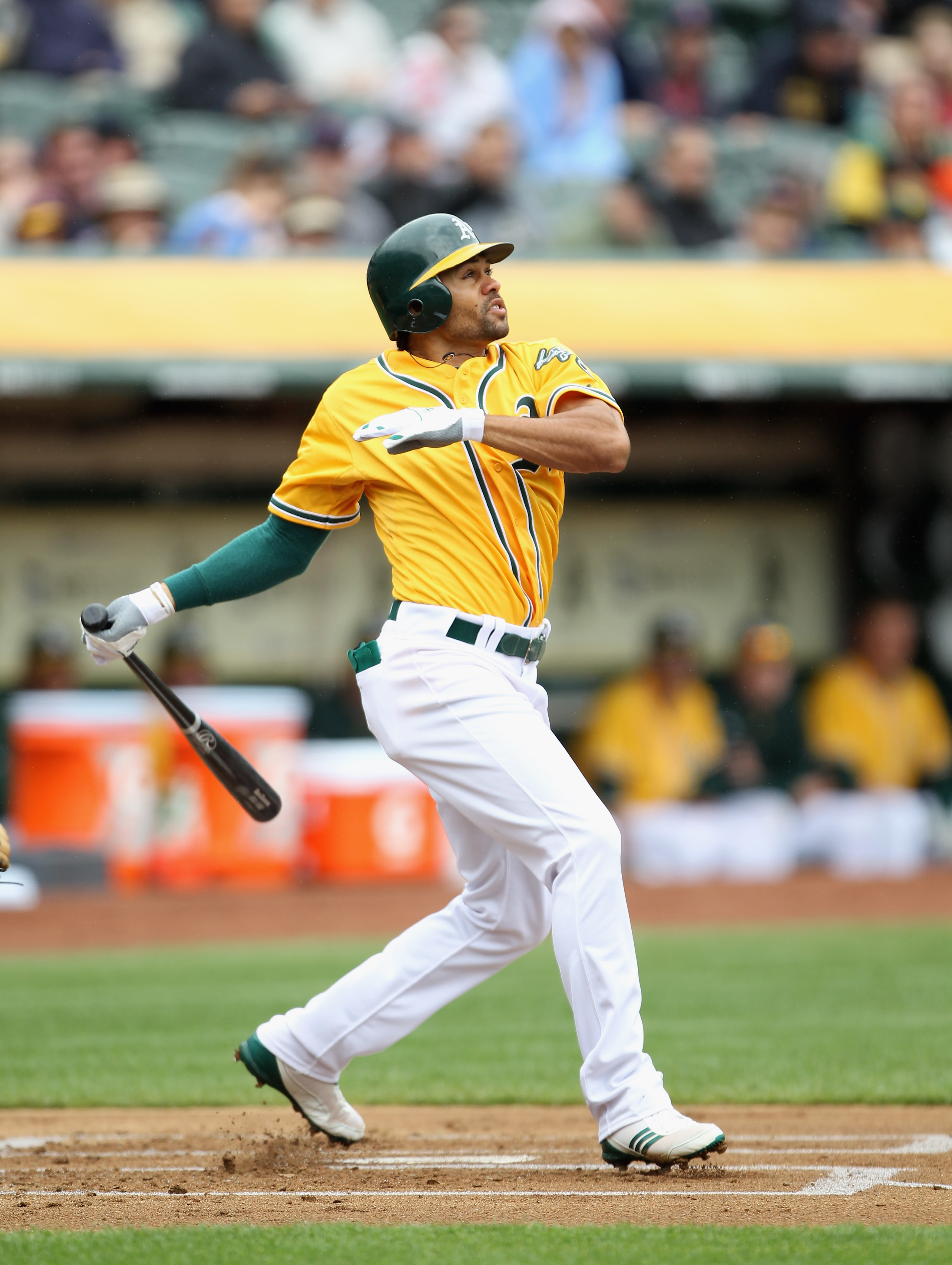 Oakland Athletics' Coco Crisp swings for a double against the