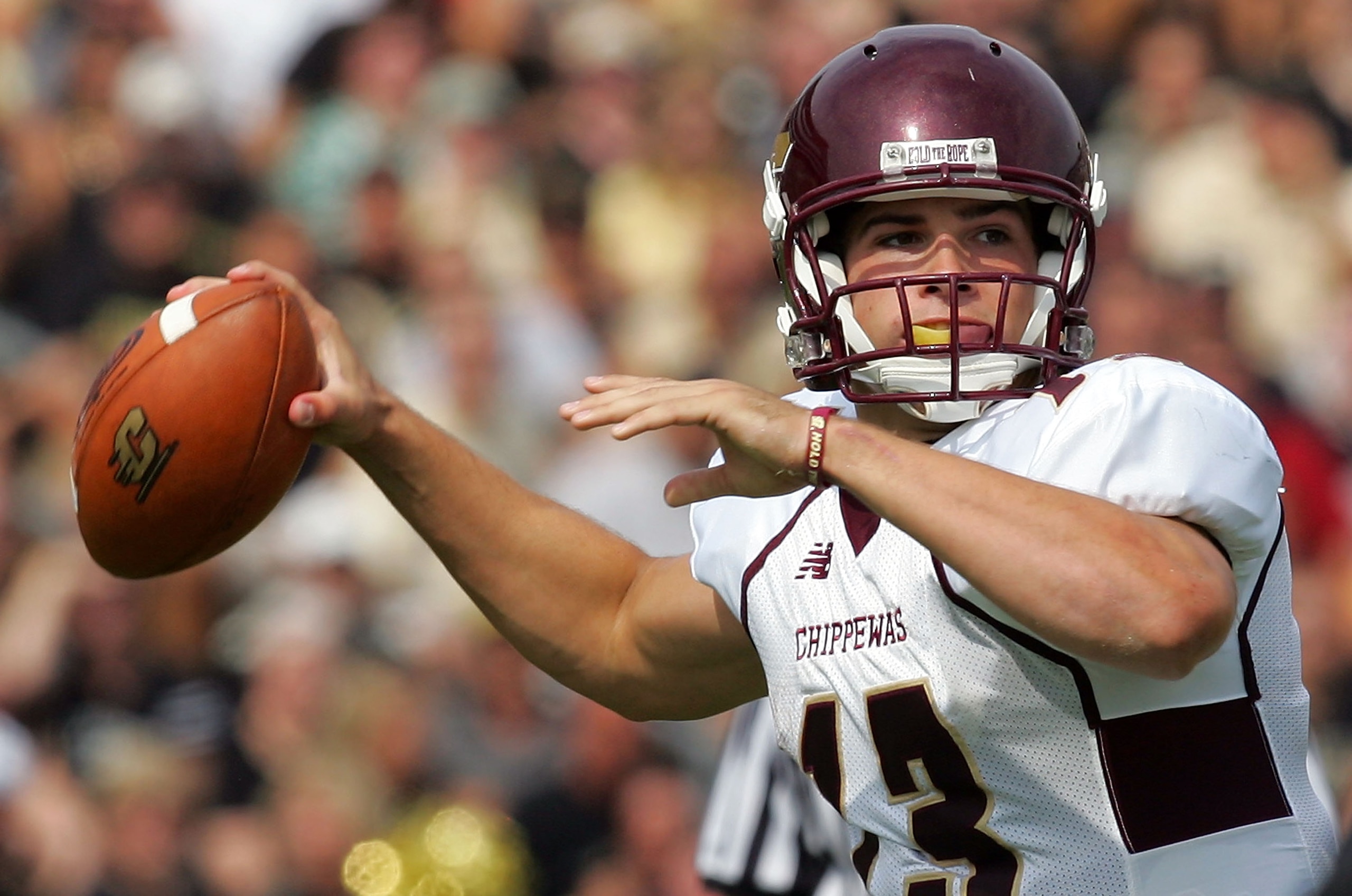 WEST LAFAYETTE, IN - SEPTEMBER 20:  Quarterback Dan LeFevour #13 of the Central Michigan Chippewas drops back to pass against the Purdue Boilermakers at Ross-Ade Stadium on September 20, 2008 in West Lafayette, Indiana.  (Photo by Ronald Martinez/Getty Im