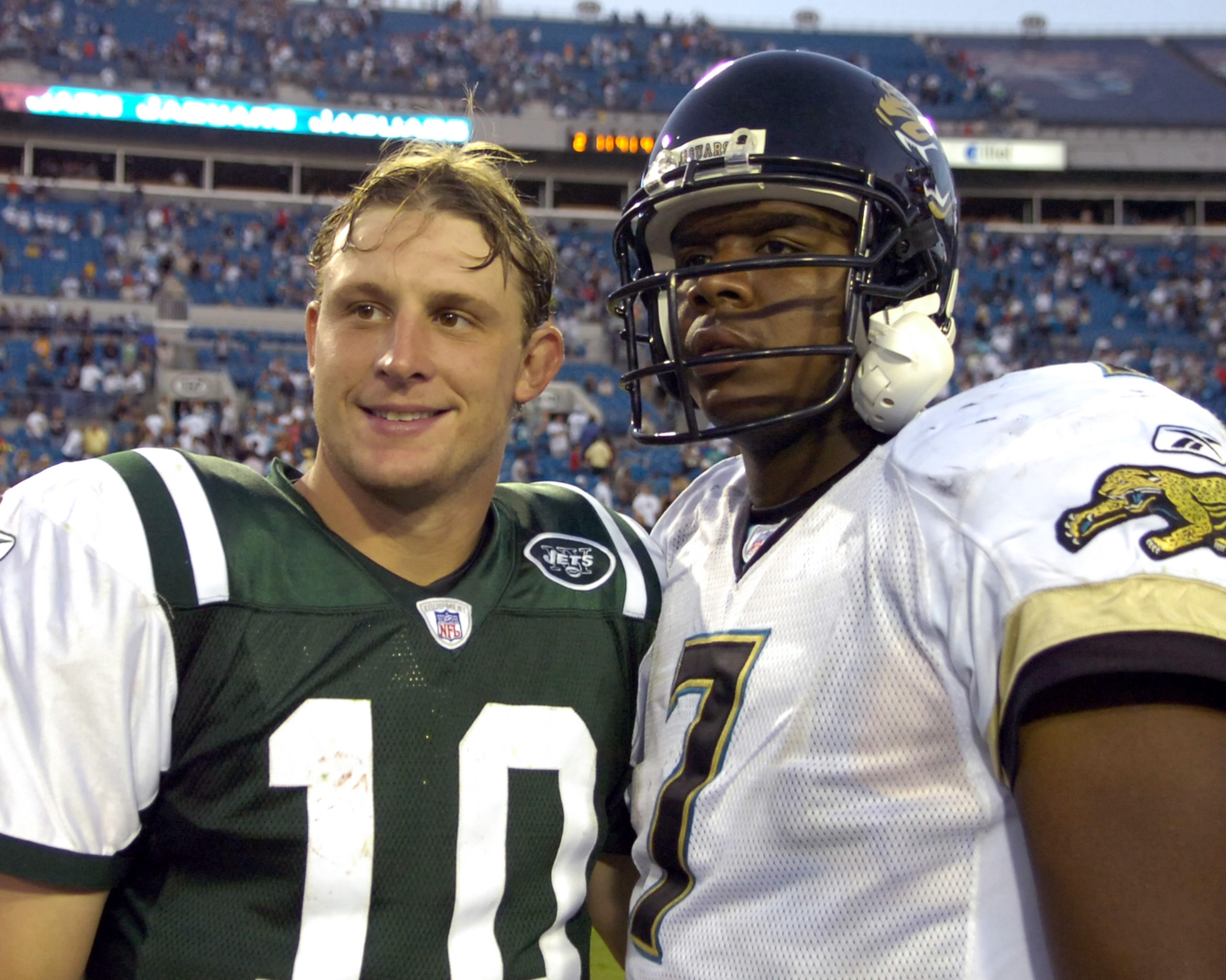 New York Jets  quarterback Chad Pennington and Jacksonville Jaguars Byron Leftwich, who both attended Marshall, on October 8, 2006 in Jacksonville, Florida. The Jaguars defeated the New York Jets 41 - 0.  (Photo by Al Messerschmidt/Getty Images)