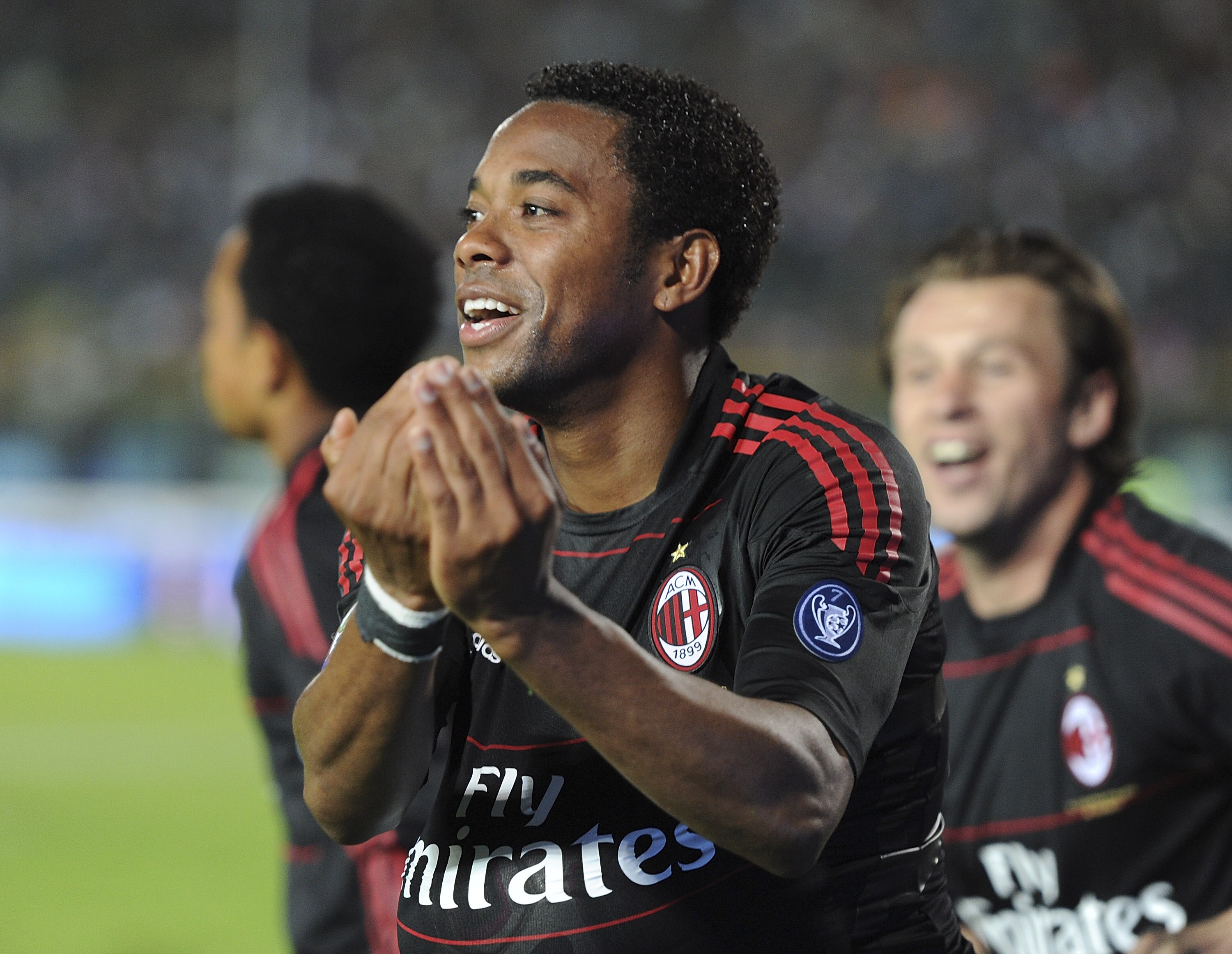 BRESCIA, ITALY - APRIL 23:  Robinho of Milan celebrates after scoring  his opening goal during the Serie A match Brescia Calcio and AC Milan at Mario Rigamonti Stadium on April 23, 2011 in Brescia, Italy.  (Photo by Dino Panato/Getty Images)