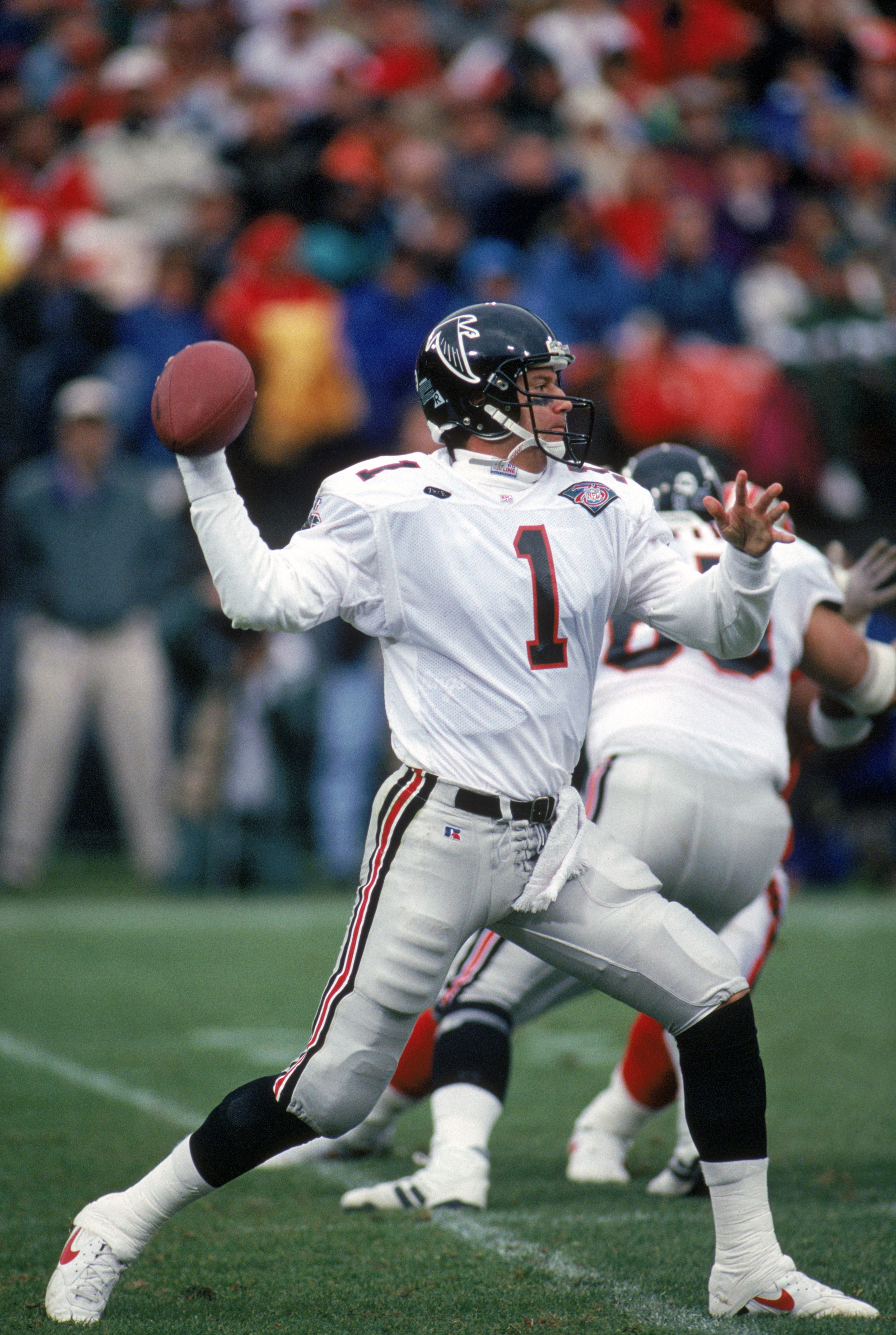 SAN FRANCISCO - DECEMBER 4:  Quarterback Jeff George #1 of the Atlanta Falcons throws a pass during a game against the San Francisco 49ers at Candlestick Park on December 4, 1994 in San Francisco, California.  The 49ers won 50-14.  (Photo by George Rose/G