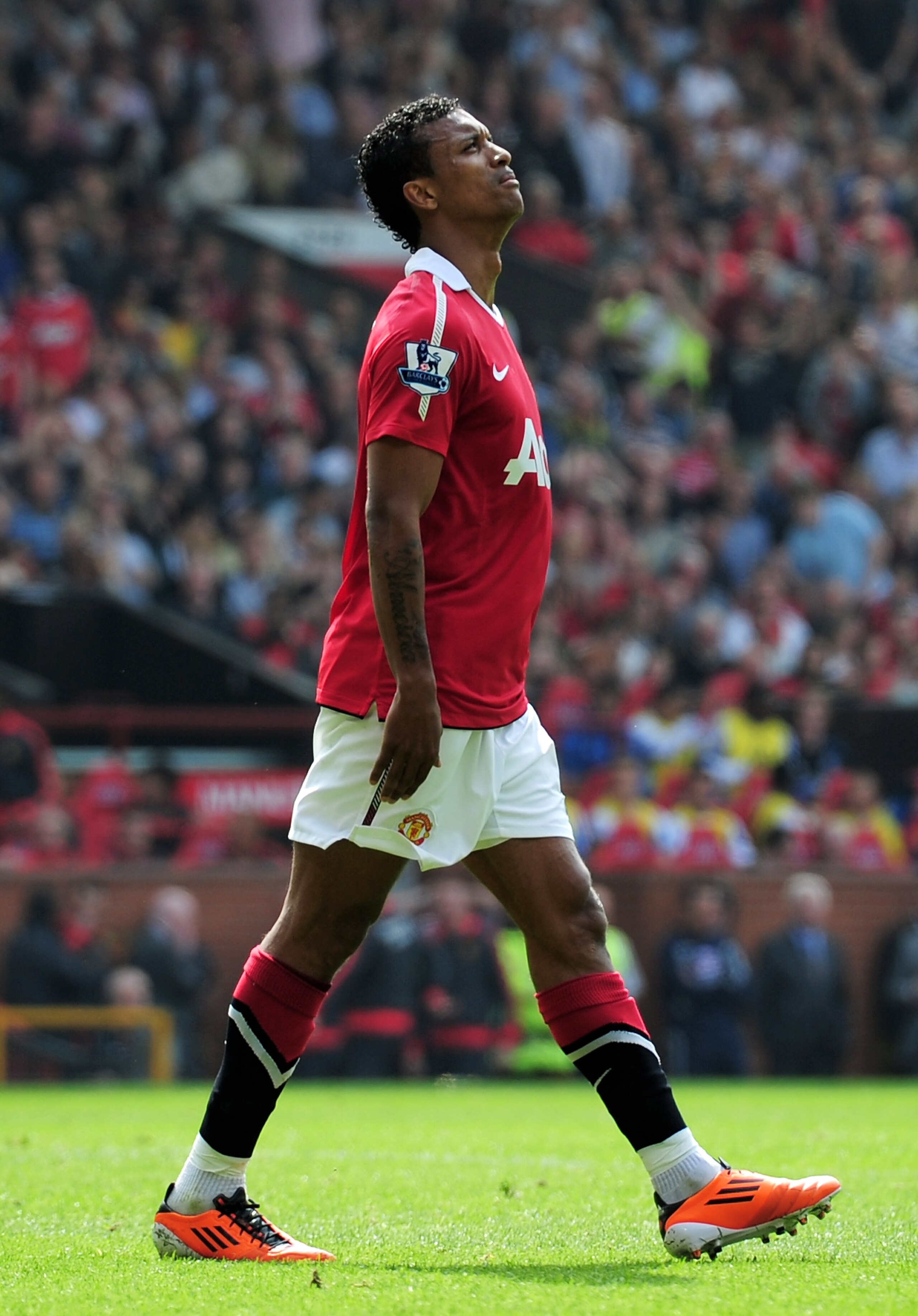 MANCHESTER, ENGLAND - APRIL 23: Nani of Manchester United looks to the sky after missing a chance at goal during the Barclays Premier League match between Manchester United and Everton at Old Trafford on April 23, 2011 in Manchester, England.  (Photo by S