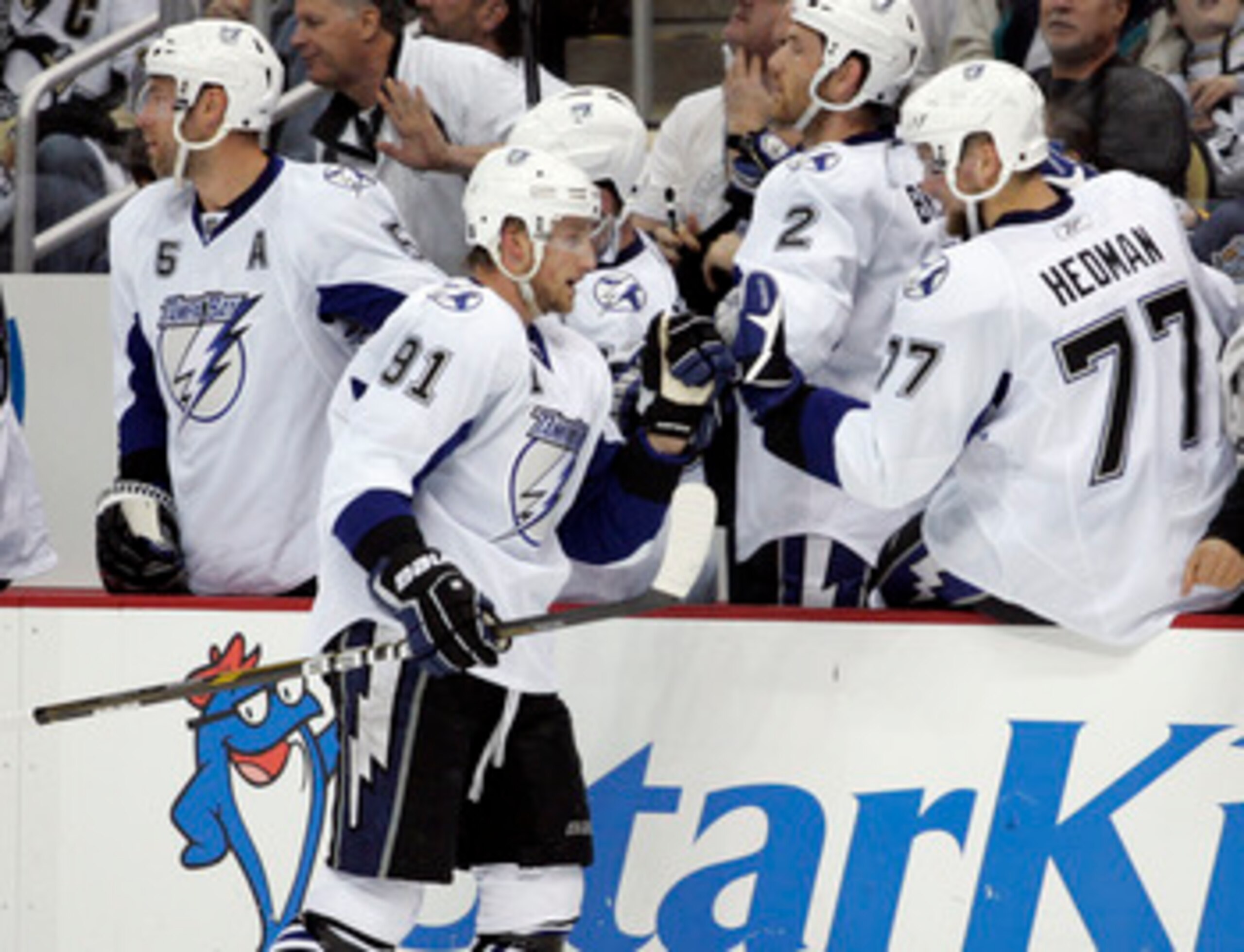 PITTSBURGH, PA - APRIL 23:  Steven Stamkos #91 of the Tampa Bay Lightning celebrates his first period goal against the Pittsburgh Penguins in Game Five of the Eastern Conference Quarterfinals during the 2011 NHL Stanley Cup Playoffs at Consol Energy Cente