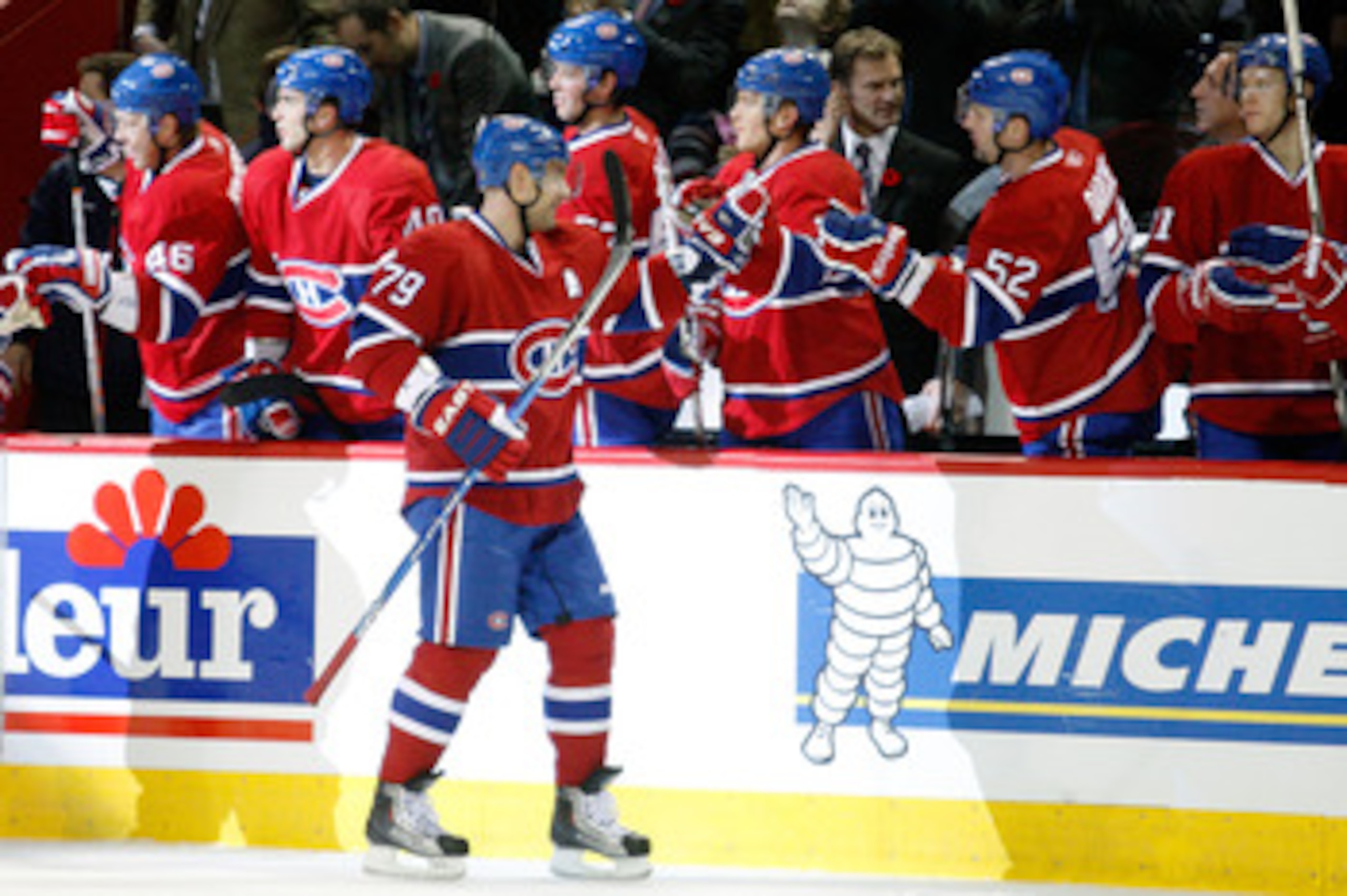 MONTREAL - NOVEMBER 9:  Andrei Markov #79 of the Montreal Canadiens celebrates his first-period goal during the NHL game against the Vancouver Canucks at the Bell Centre on November 9, 2010 in Montreal, Quebec, Canada.  (Photo by Richard Wolowicz/Getty Im