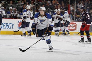 COLUMBUS, OH - MARCH 09:  TJ Oshie #74 of the St. Louis Blues skates against the Columbus Blue Jackets on March 9, 2011 at Nationwide Arena in Columbus, Ohio.  (Photo by Gregory Shamus/Getty Images)