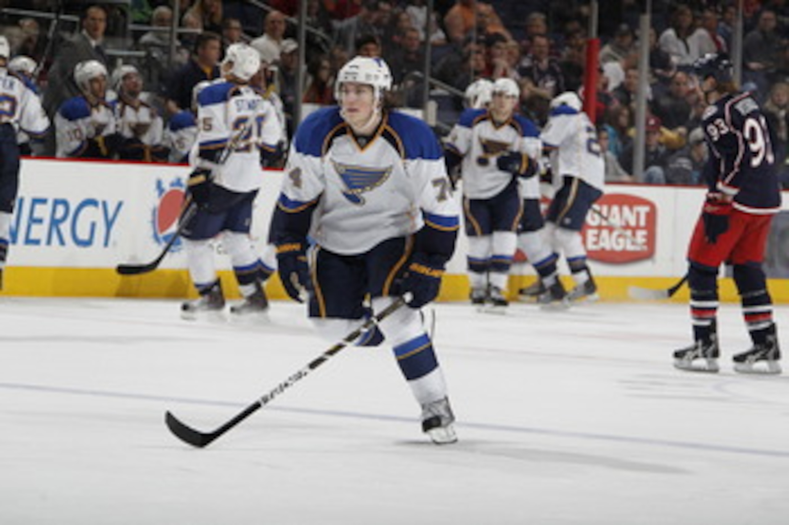 COLUMBUS, OH - MARCH 09:  TJ Oshie #74 of the St. Louis Blues skates against the Columbus Blue Jackets on March 9, 2011 at Nationwide Arena in Columbus, Ohio.  (Photo by Gregory Shamus/Getty Images)