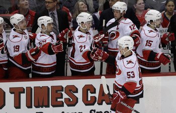 WASHINGTON, DC - MARCH 29:  Jeff Skinner #53 of the Carolina Hurricanes celelbrates with the bench after scoring against the Washington Capitalsduring the third period at the Verizon Center on March 29, 2011 in Washington, DC.  (Photo by Rob Carr/Getty Im