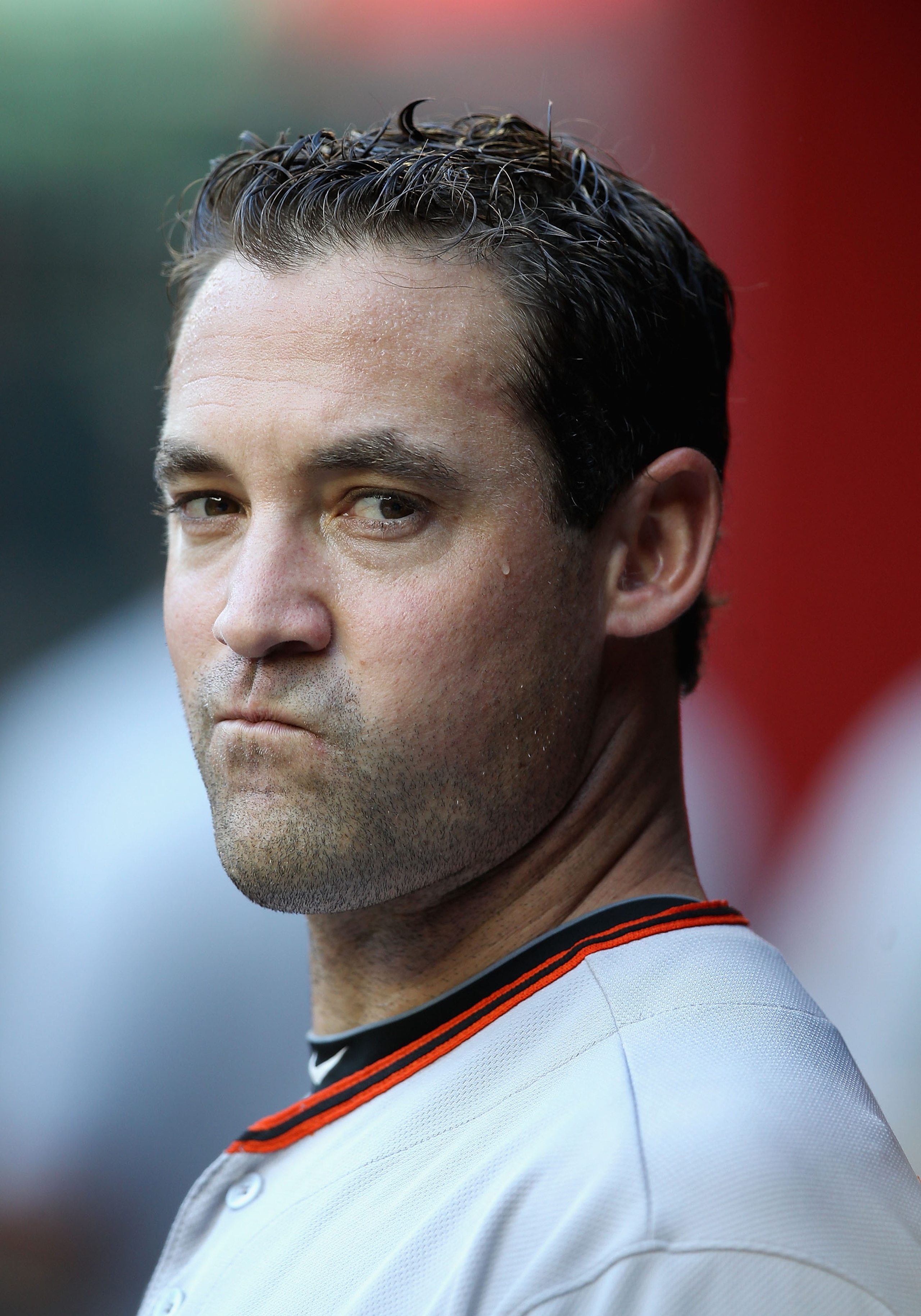 PHOENIX, AZ - APRIL 16:  Pat Burrell #5 of the San Francisco Giants in the dugout during the Major League Baseball game against the Arizona Diamondbacks at Chase Field on April 16, 2011 in Phoenix, Arizona. The Giants defeated the Diamondbacks 5-3.  (Phot