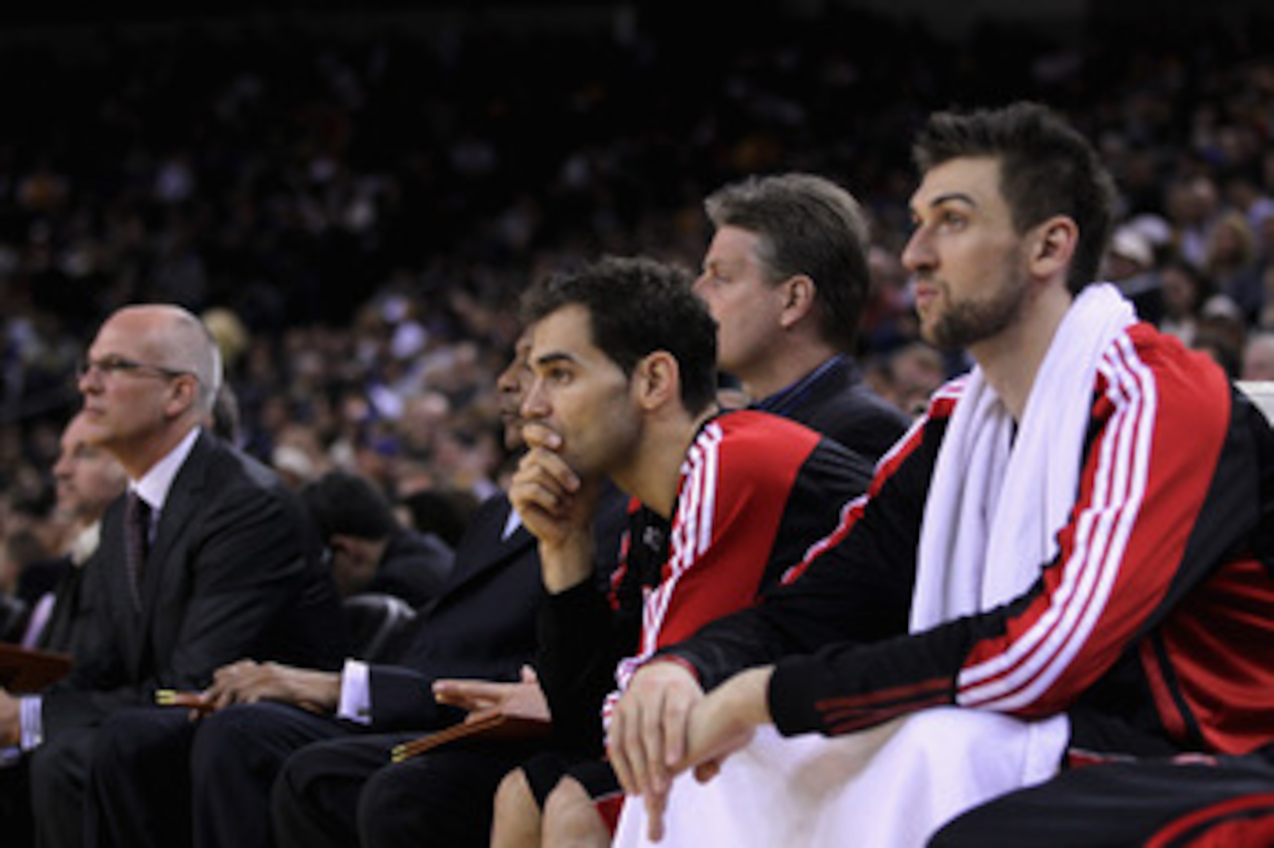 OAKLAND, CA - MARCH 25: Jose Calderon #8 of the Toronto Raptors sits on the bench during their loss to the Golden State Warriors at Oracle Arena on March 25, 2011 in Oakland, California. NOTE TO USER: User expressly acknowledges and agrees that, by downlo