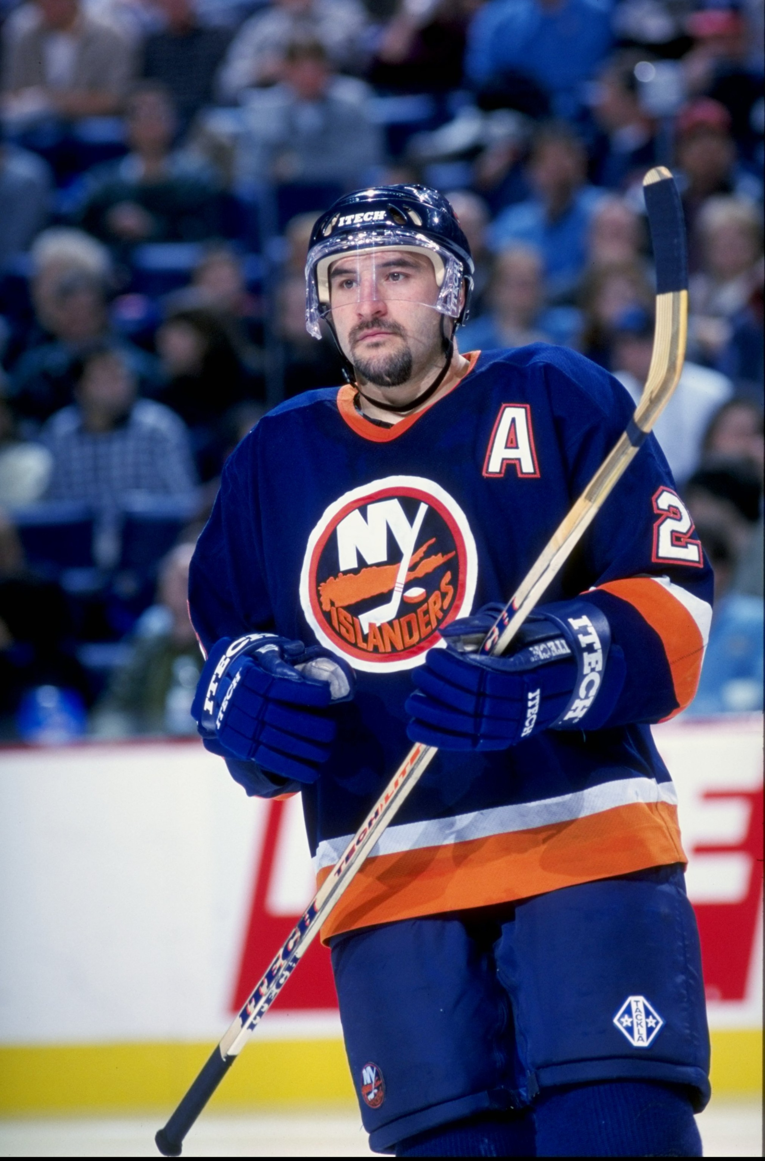 13 Feb 1999:  Rich Pilon #2 of the New York Islanders looks on during a stop in play against the Buffalo Sabres at the Marine Midland Arena in Buffalo, New York. The Islanders tied the Sabres 2-2. Mandatory Credit: Rick Stewart /Allsport