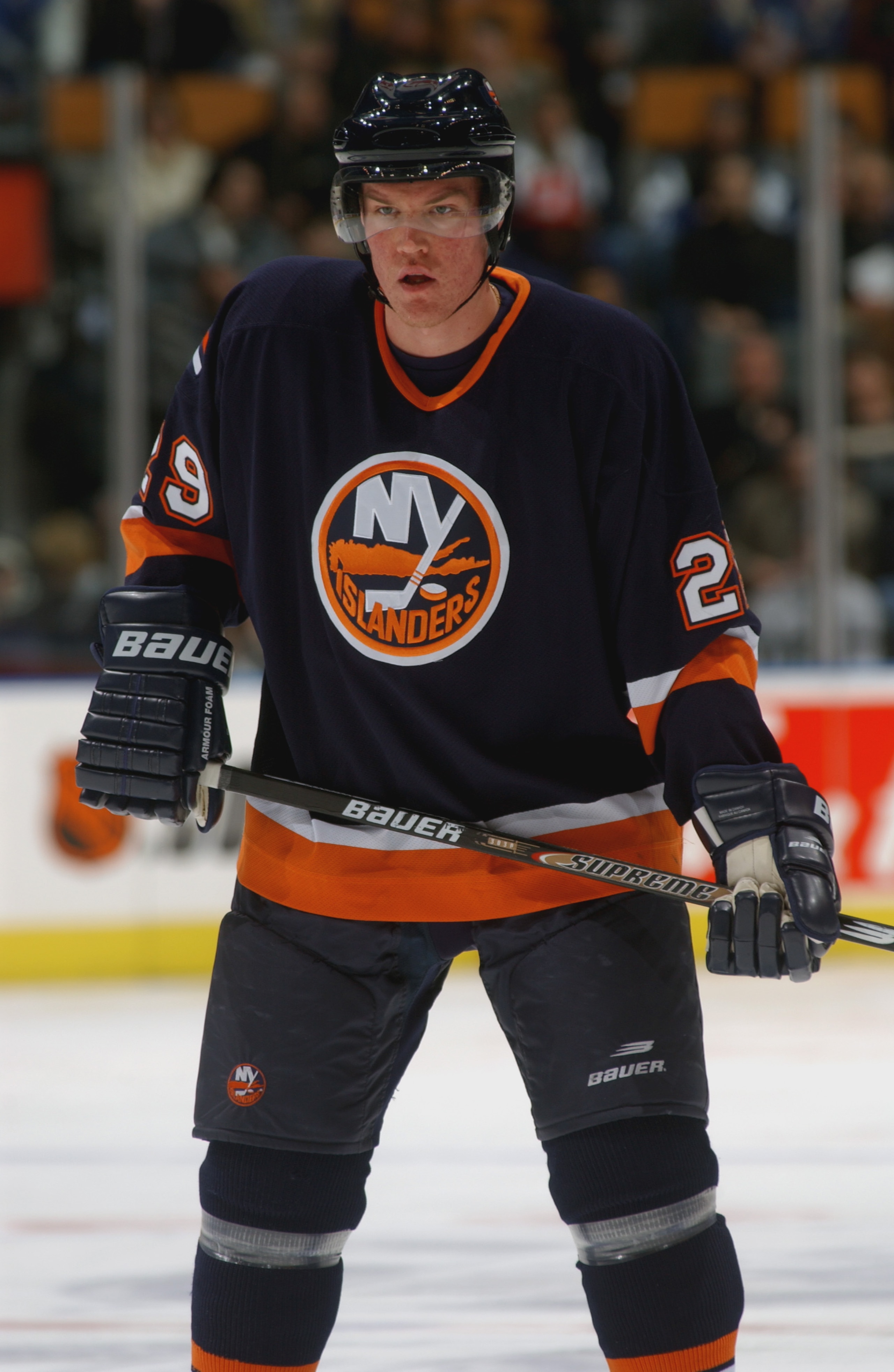 TORONTO - MARCH 19:  Defenseman Kenny Jonsson #29 of the New York Islanders stands on the ice against the Toronto Maple Leafs during the game at Air Canada Centre in Toronto, Canada on March 19, 2002. The Maple Leafs defeated the Islanders in overtime 3-2