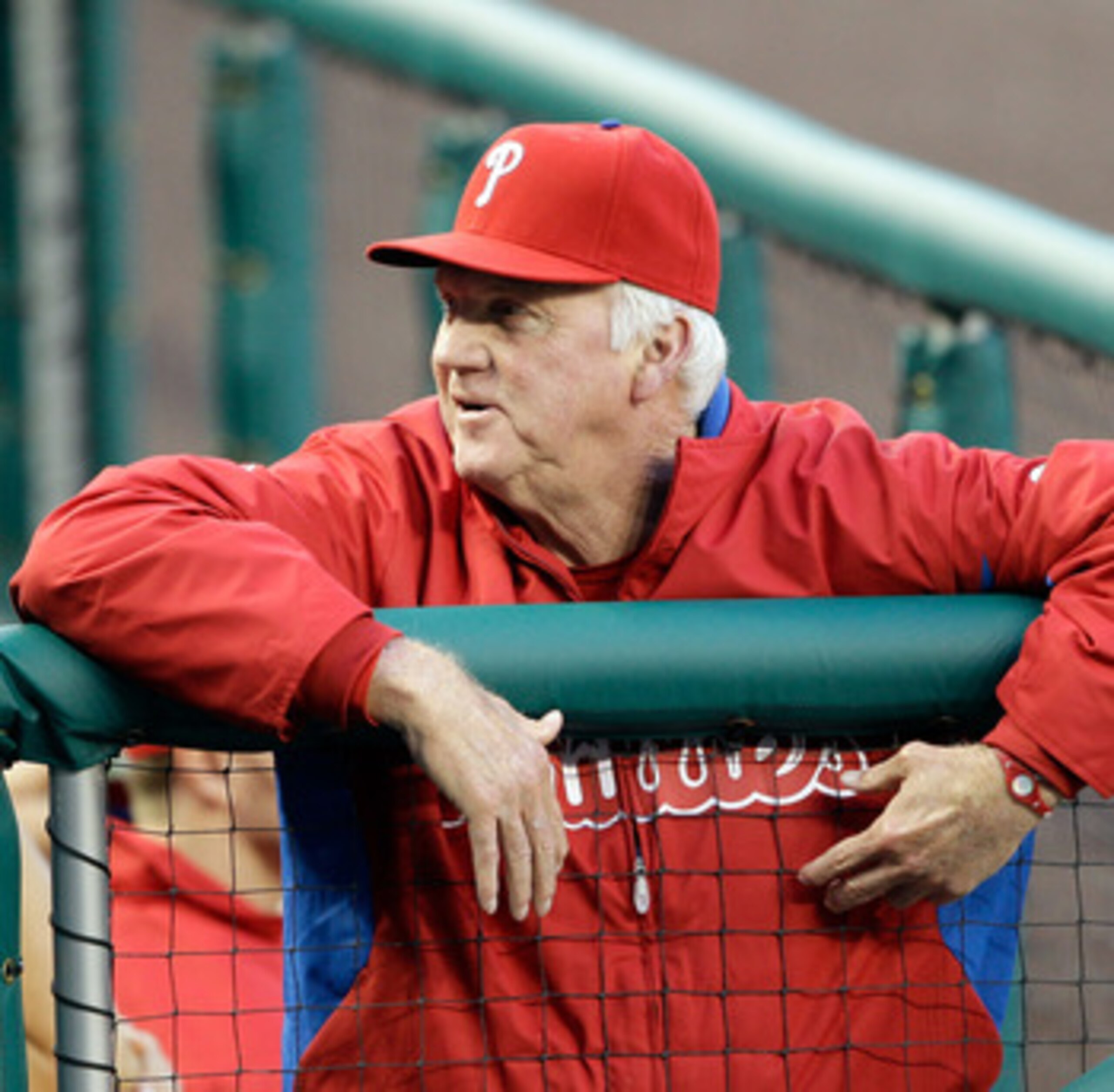 WASHINGTON, DC - APRIL 14:  Manager Charlie Manuel #41 of the Philadelphia Phillies in the dugout during the scond inning of their game against the Washington Nationals at Nationals Park on April 14, 2011 in Washington, DC.  (Photo by Rob Carr/Getty Image