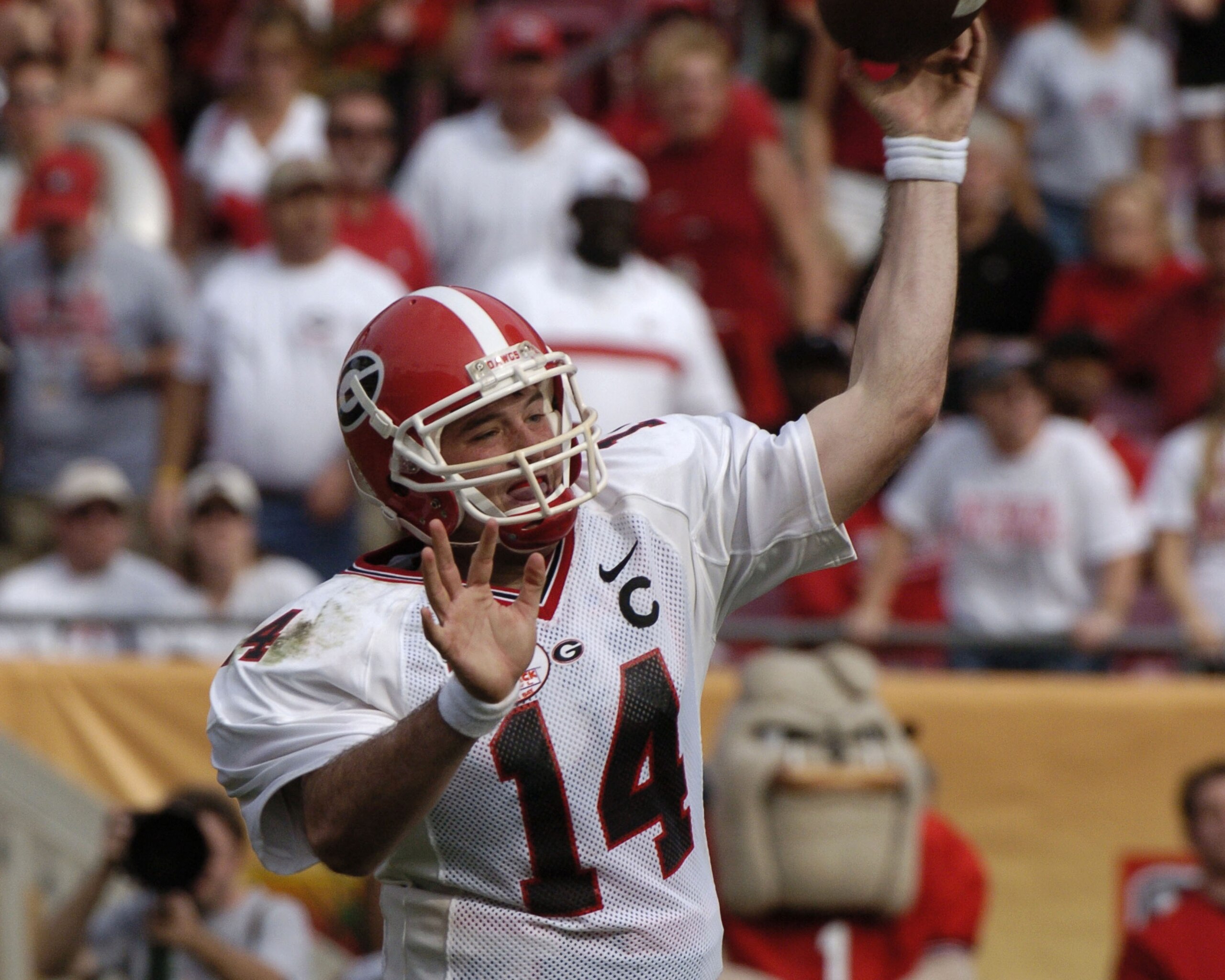 Georgia quarterback  David Greene sets to pass  at the 2005 Outback Bowl January 1, 2005 at Raymond James Stadium, Tampa, Florida.  Georgia defeated Wisconsin 24 - 21. (Photo by A. Messerschmidt/Getty Images) *** Local Caption ***